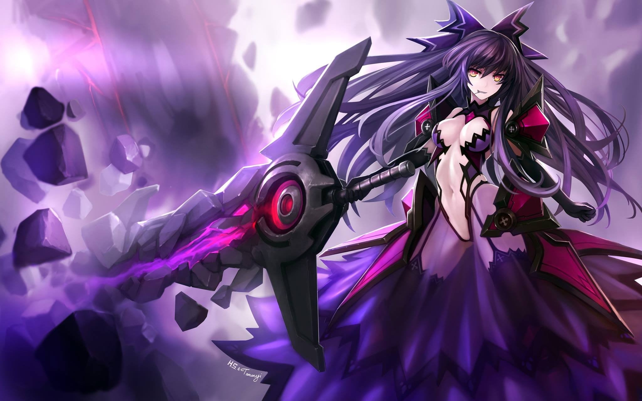 Date A Live, black, looking at camera, beauty, red, women, purple, digital composite, fashion model, large, holding, one person, anime, beautiful woman, HD Wallpaper