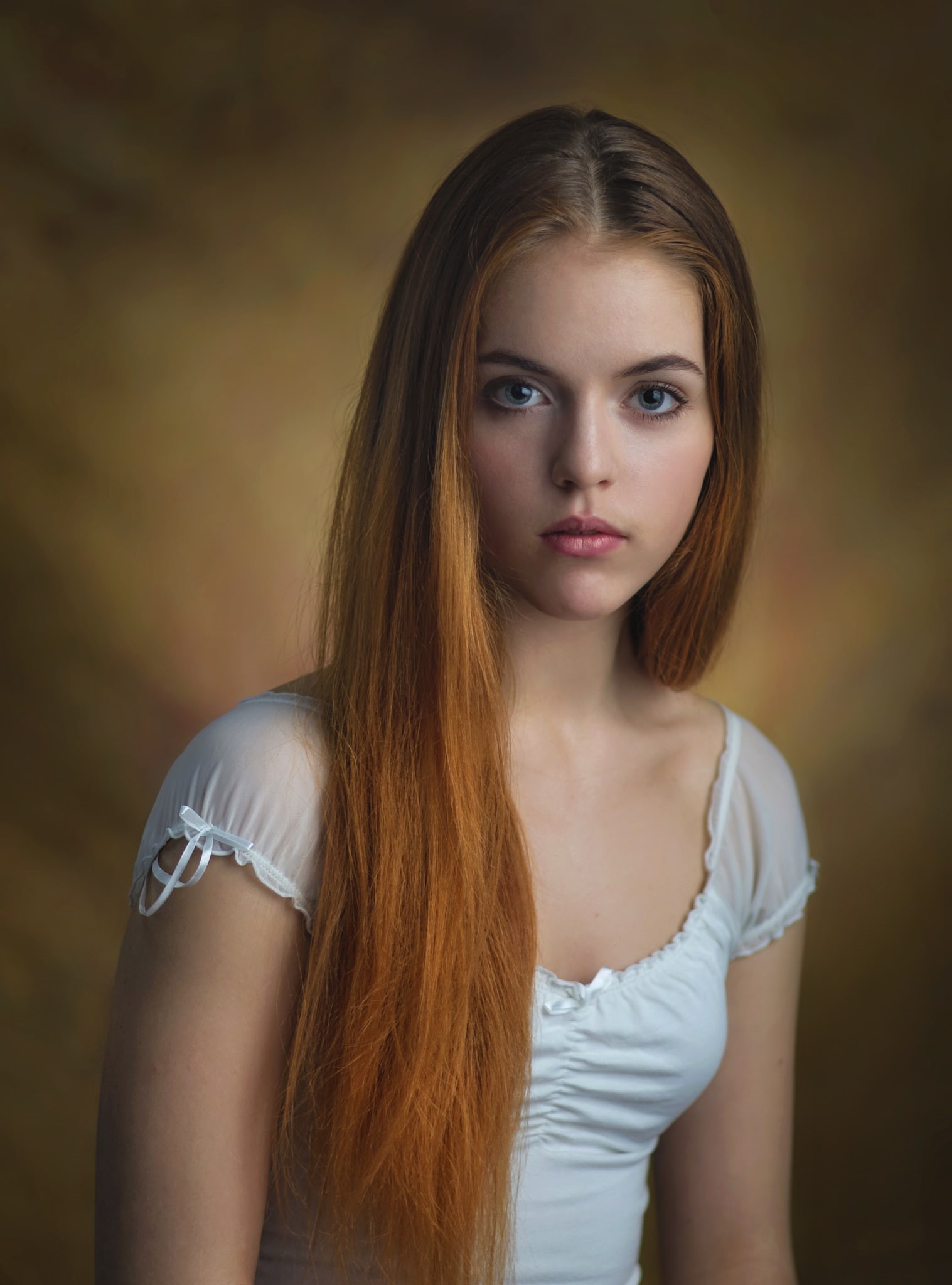 white tops, straight hair, white clothing, blue eyes, 1080P, women, long hair, portrait, portrait display, looking at viewer, model, face, redhead, pink lipstick, Phone HD Wallpaper