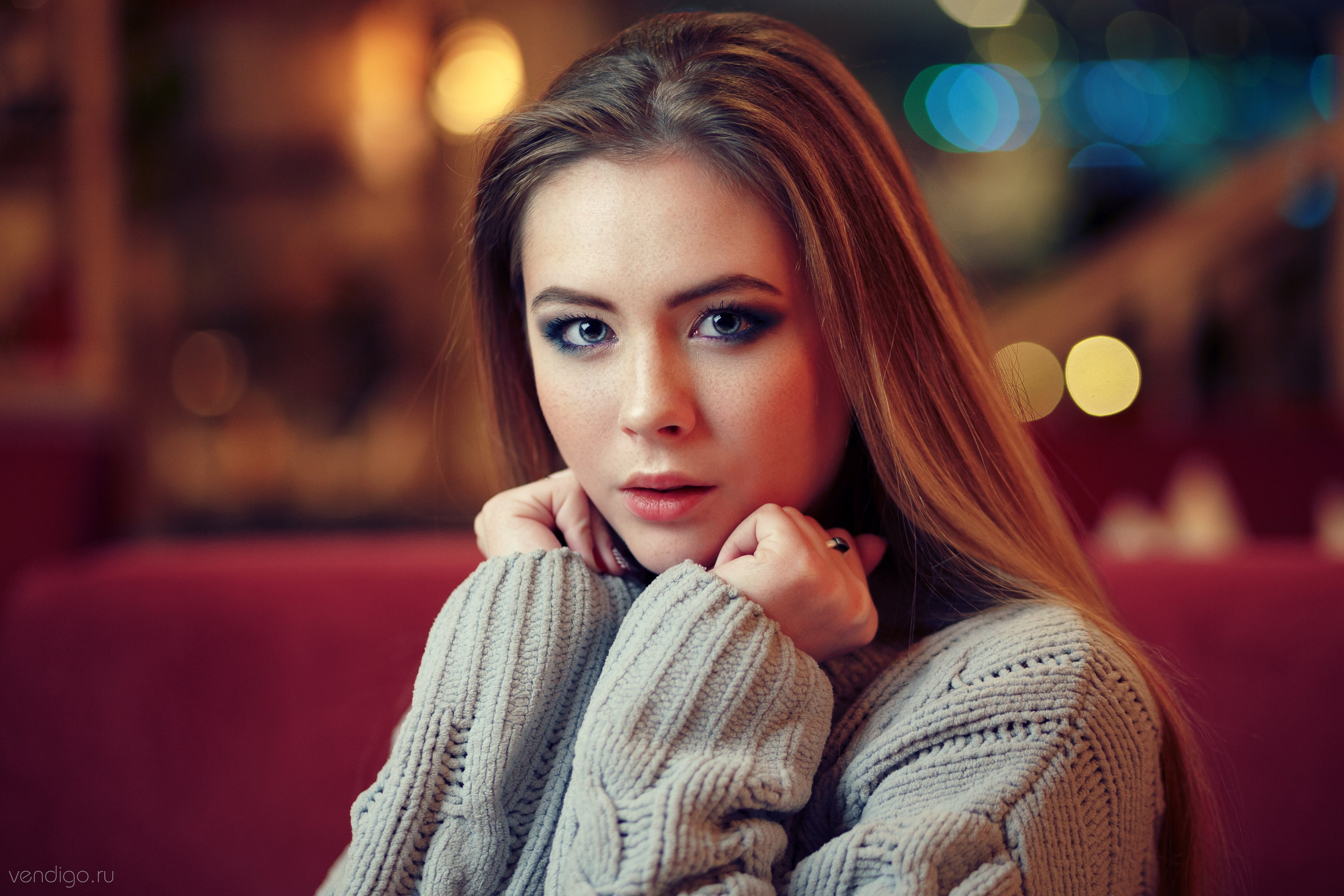 hairstyle, focus on foreground, clothing, women, relaxation, straight hair, beautiful woman, sweater, contemplation, beautiful people, Evgeniy Bulatov, HD Wallpaper