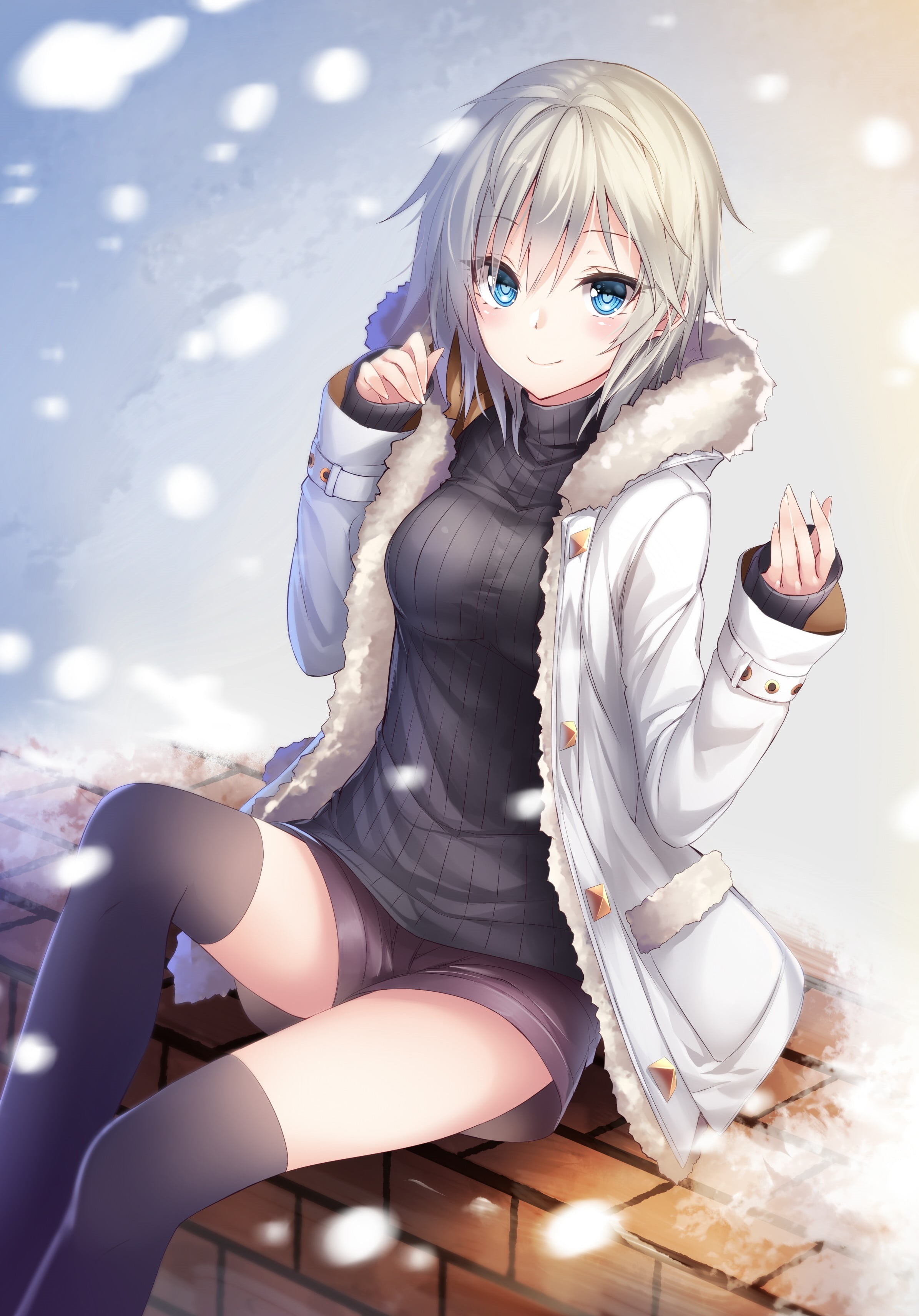 looking at camera, beautiful woman, thigh-highs, beauty, 2K, sitting, sweater, women, fear, anastasia idolmaster, adult, fashion, one person, white background, Phone HD Wallpaper