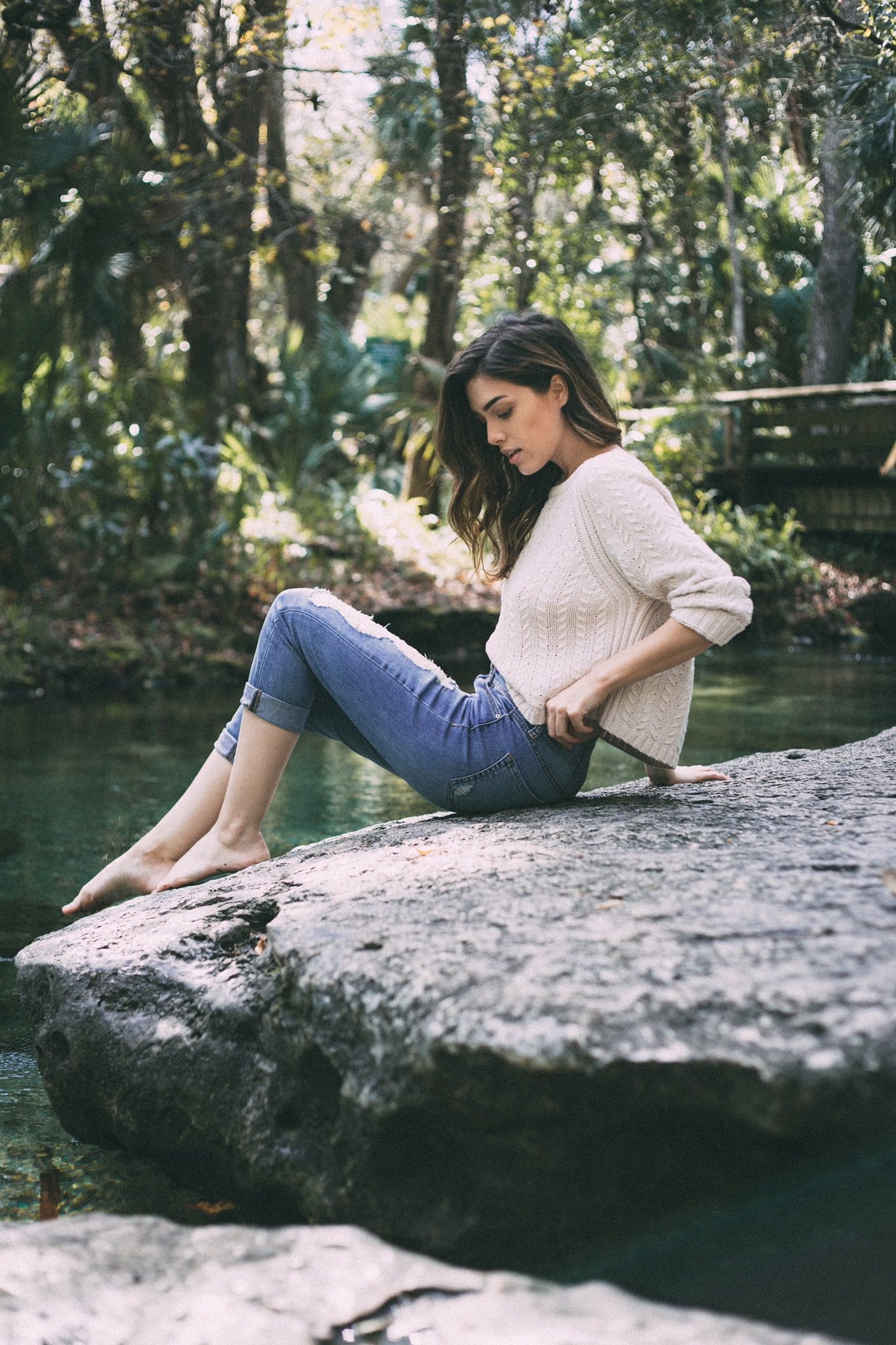 long hair, full length, women, adult, casual clothing, leisure activity, nature, women outdoors, tree, model, contemplation, hair, sitting, beautiful woman, Phone HD Wallpaper