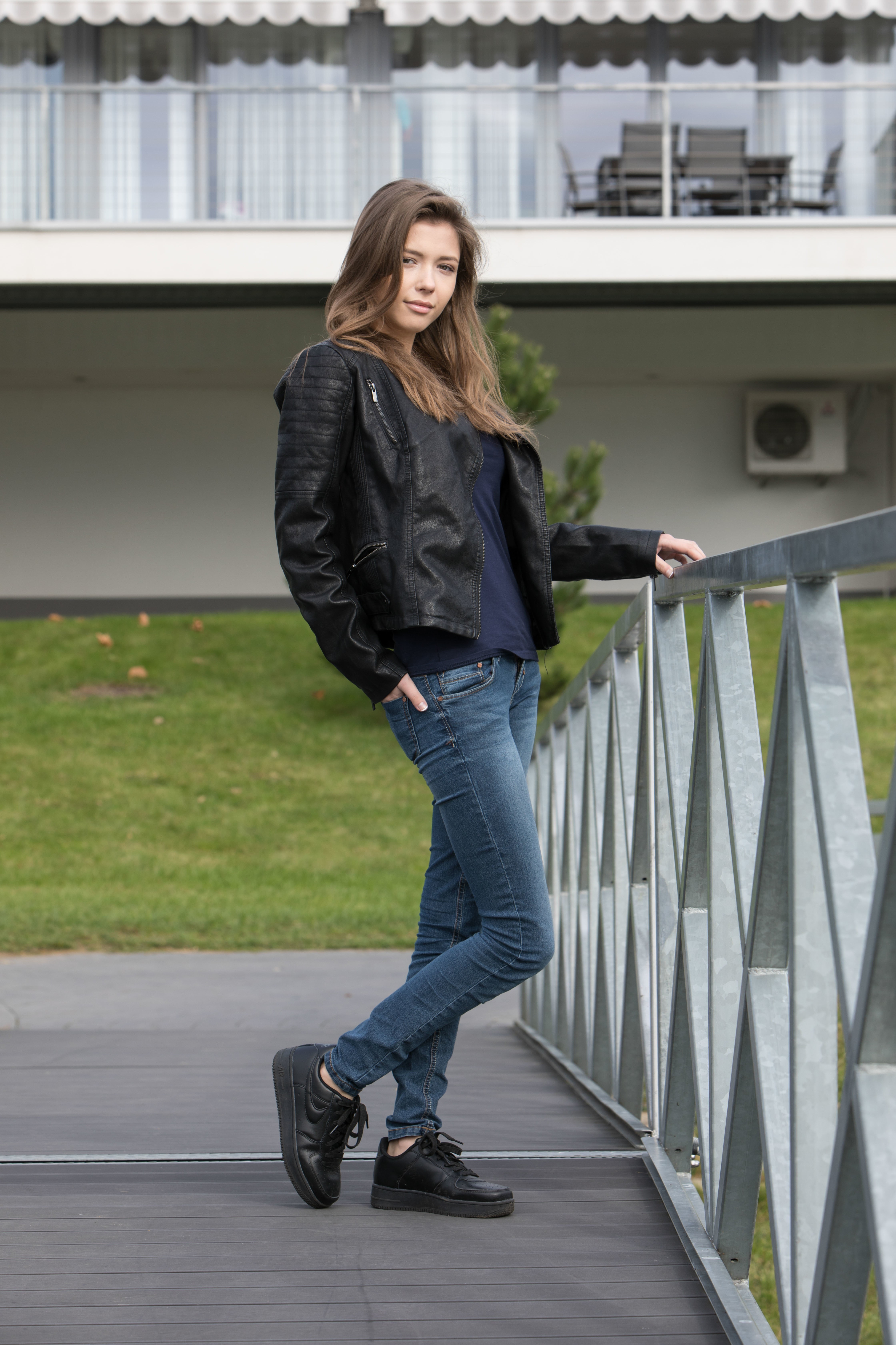 railing, casual clothing, black jackets, hands in pockets, women outdoors, 5K, full length, brunette, looking at viewer, built structure, hair, straight hair, Phone HD Wallpaper