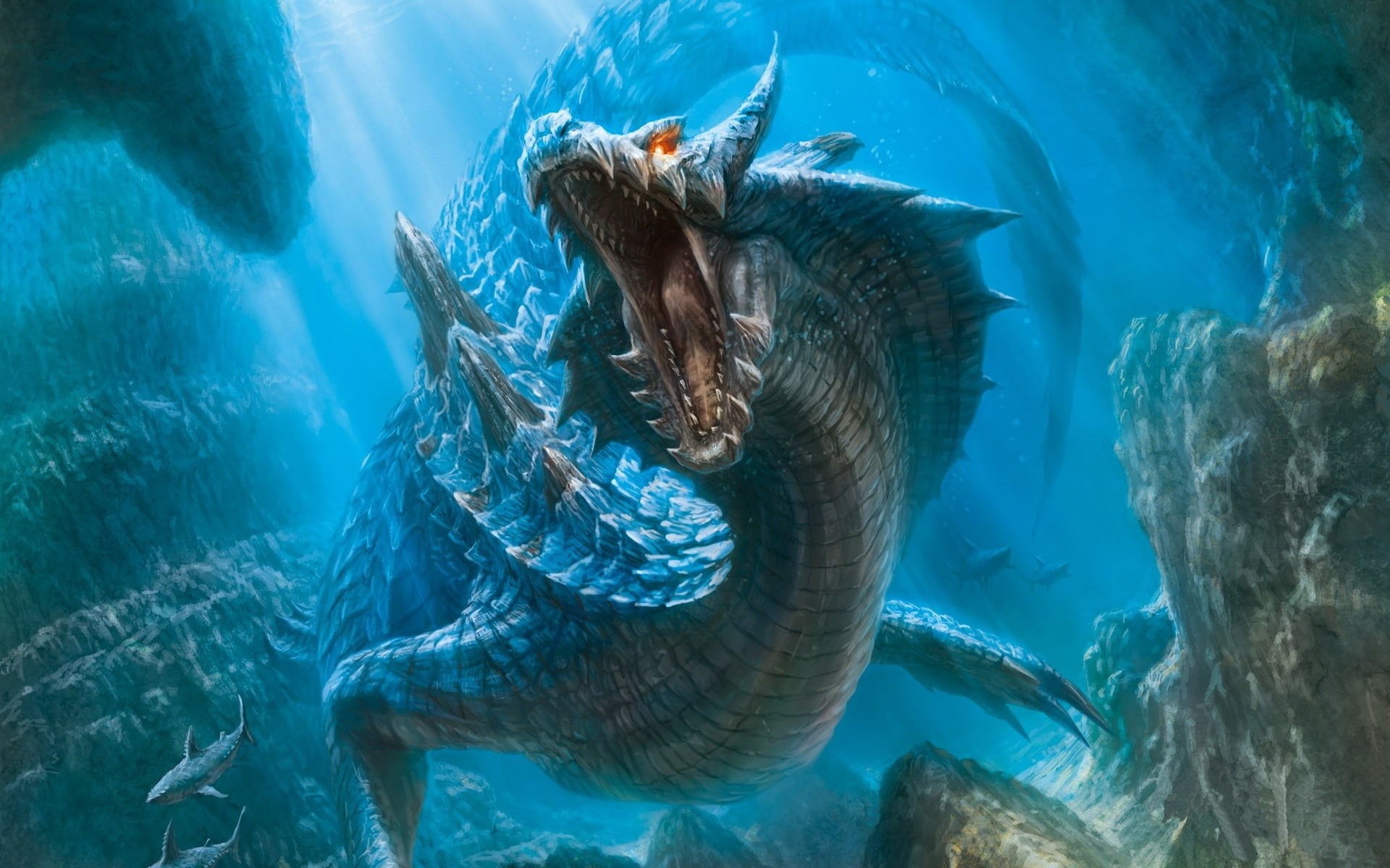 underwater world, the bottom, sharks, 1080P, mouth, dragon, light, Monster Hunter, HD Wallpaper