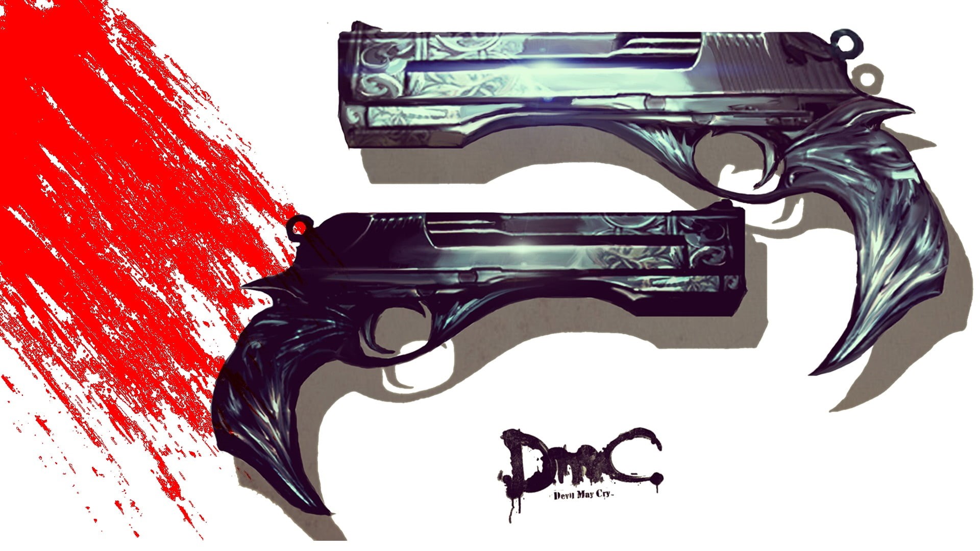 paint, close-up, black, 1080P, creativity, red, automatic, studio shot, weapon, Ebony and Ivory (Devil May Cry), handgun, Devil May Cry, pistol, white background, HD Wallpaper
