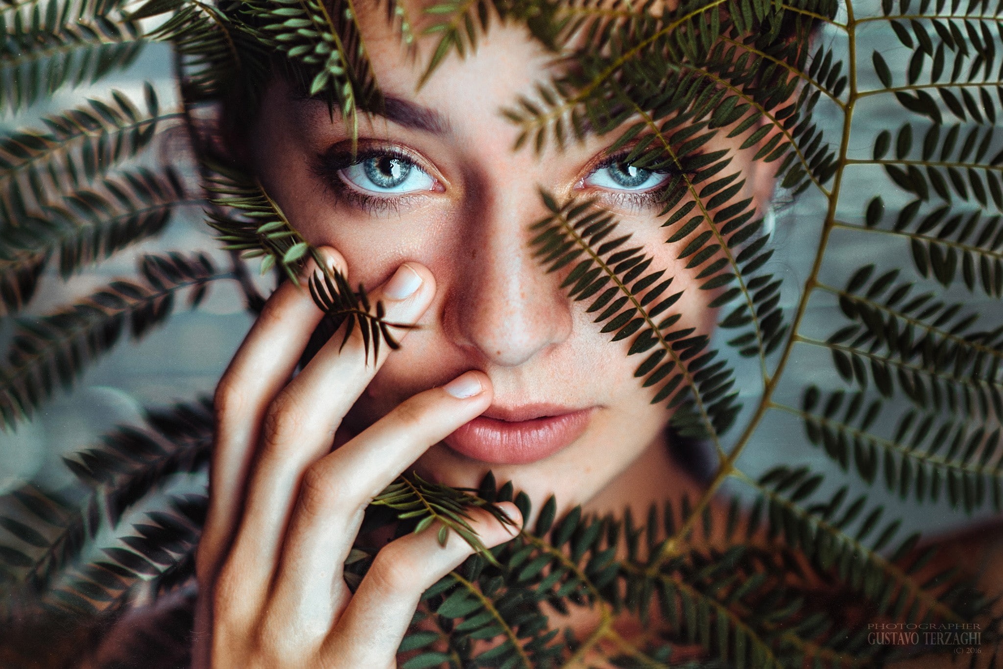 blue eyes, plants, women, Gustavo Terzaghi, 1080P, closeup, face, HD Wallpaper