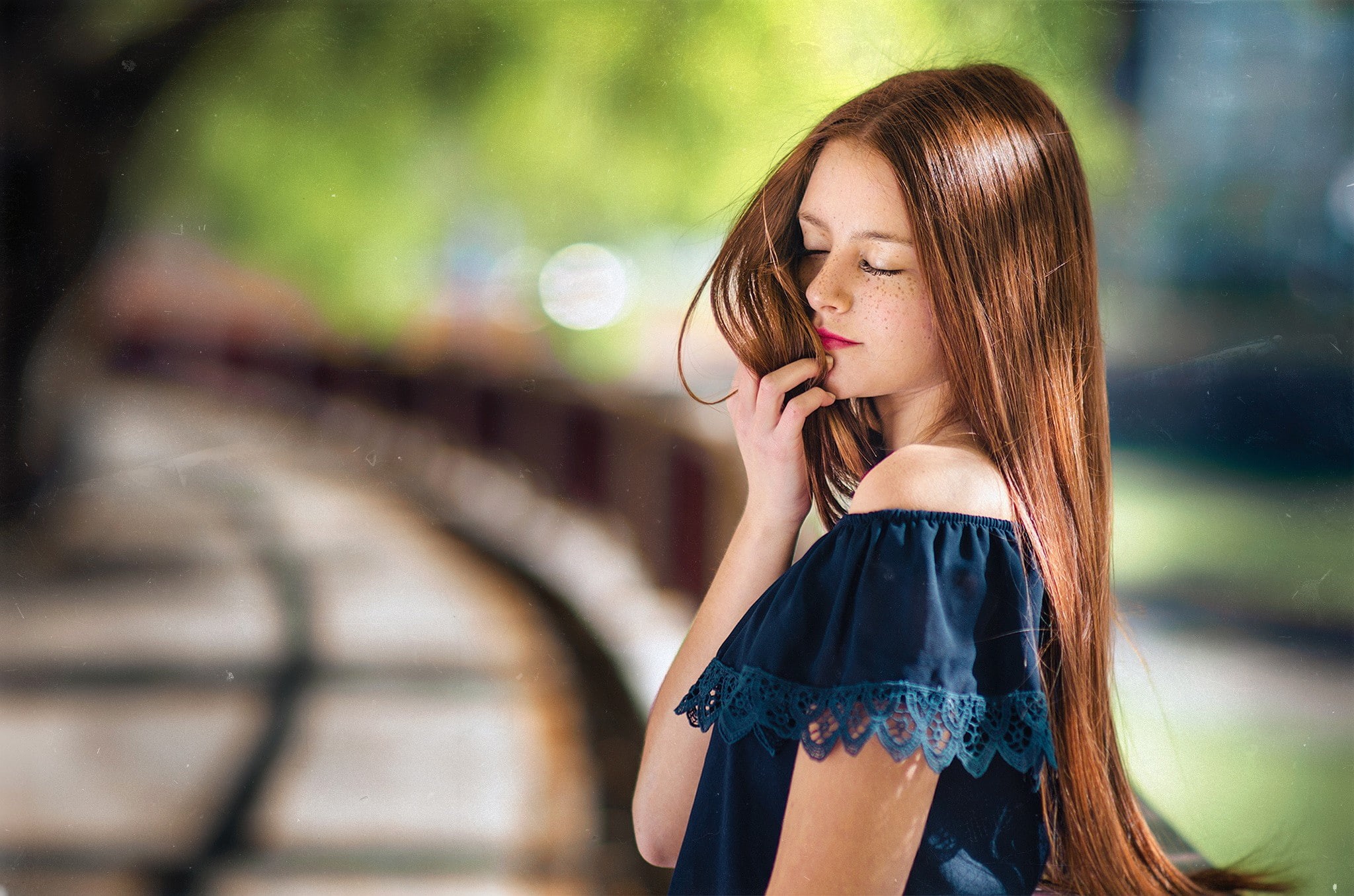 closed eyes, outdoors, redhead, 1080P, model, dress, brown hair, portrait, contemplation, clothing, adult, face, depression - sadness, young adult, depth of field, HD Wallpaper