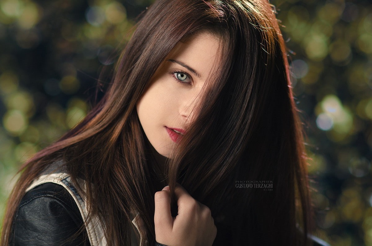 jacket, brunette, model, Gustavo Terzaghi, women, smiling, 480P, hair in face, HD Wallpaper