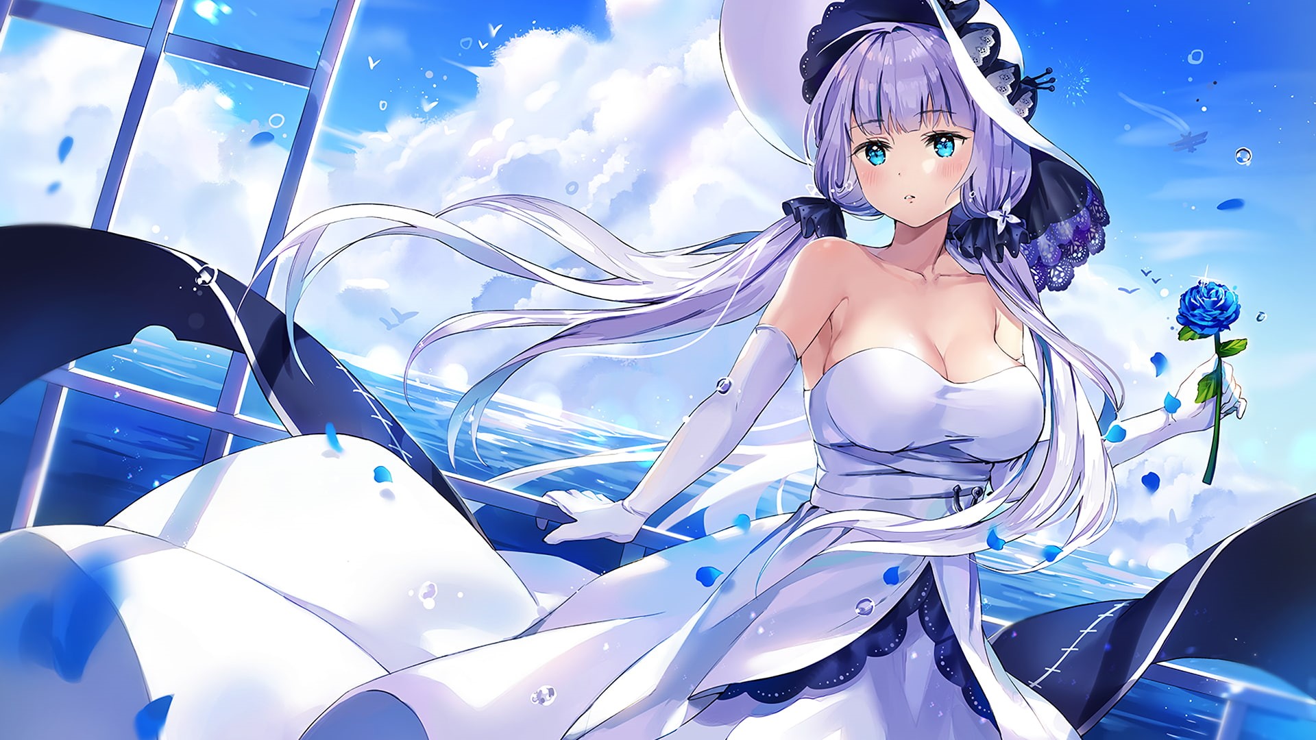 cleavage, dress, Azur Lane, elbow gloves, long hair, hat, 1080P, HD Wallpaper