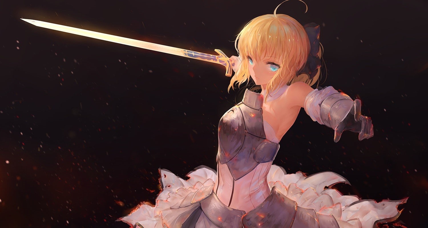 sword, women, hair, armor, Fate Series, arts culture and entertainment, one person, night, studio shot, adult, short hair, elegance, weapon, females, beauty, HD Wallpaper