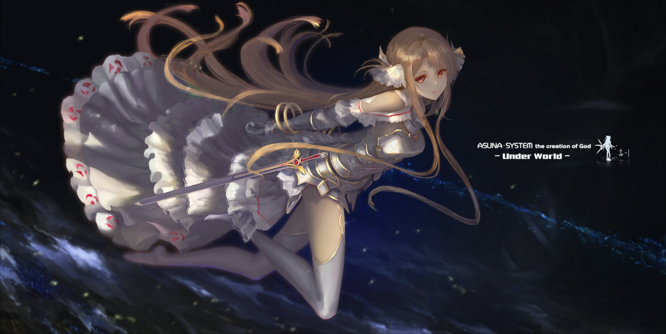 water, Sword Art Online, elbow gloves, brunette, indoors, 1080P, representation, illuminated, no people, black background, Yuuki Asuna, brown eyes, dress, HD Wallpaper