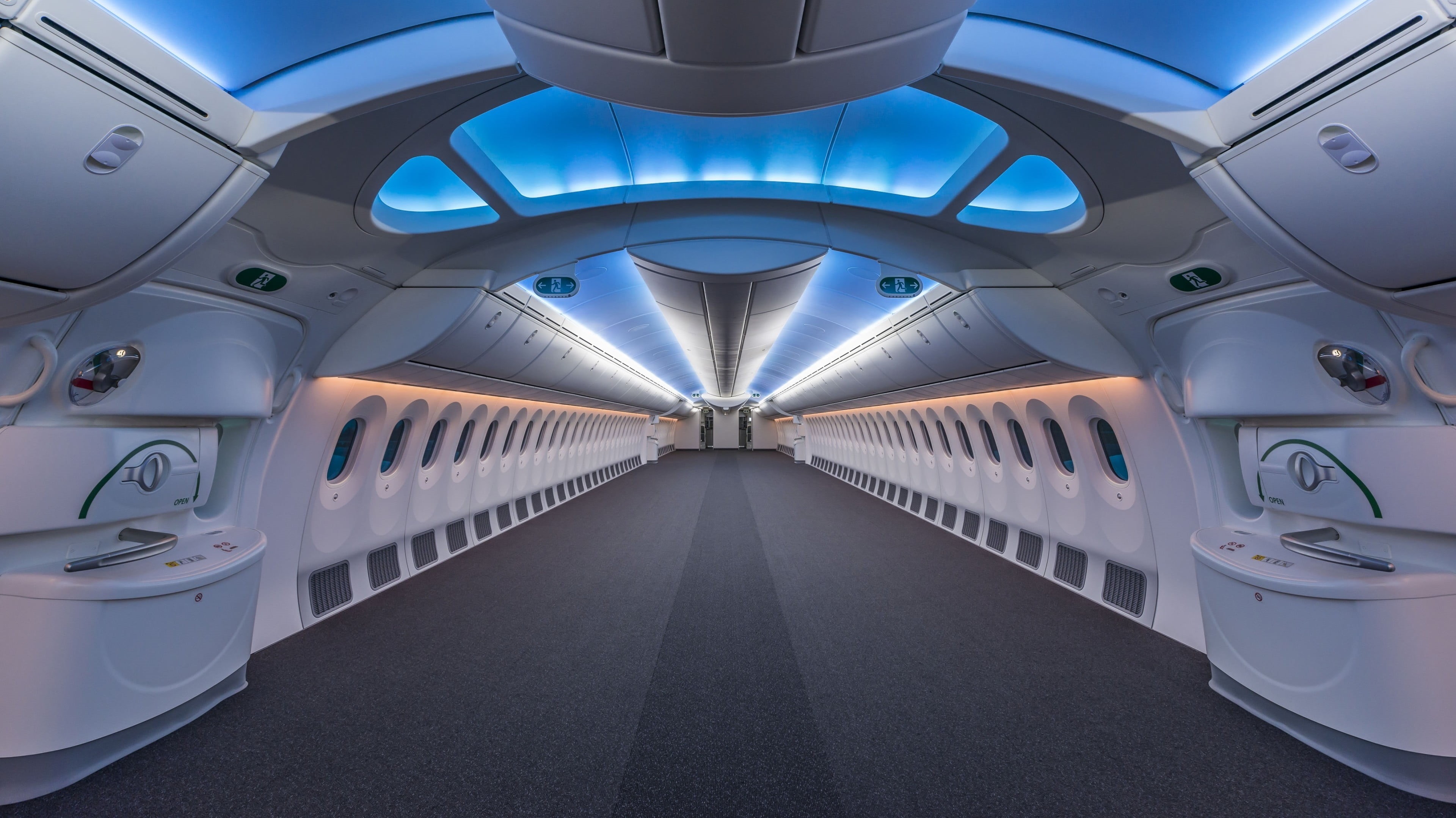 lighting equipment, commercial airplane, ceiling, Boeing, airplane, absence, in a row, interior, white, shape, white color, window, air vehicle, blue, illuminated, HD Wallpaper