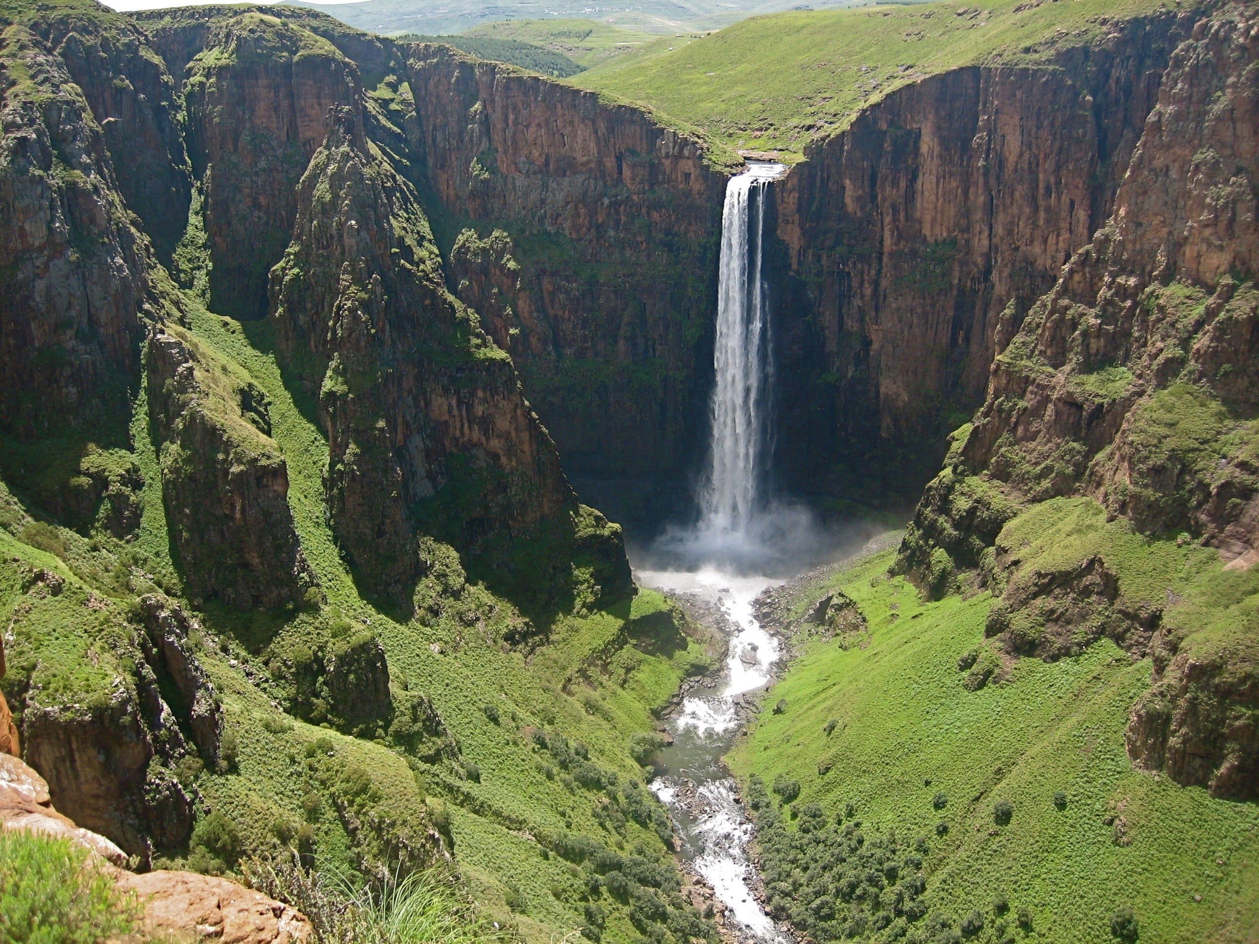 2K, no people, day, maletsunyane falls, environment, flowing, long exposure, semonkong, outdoors, travel destinations, flowing water, green color, plant, HD Wallpaper