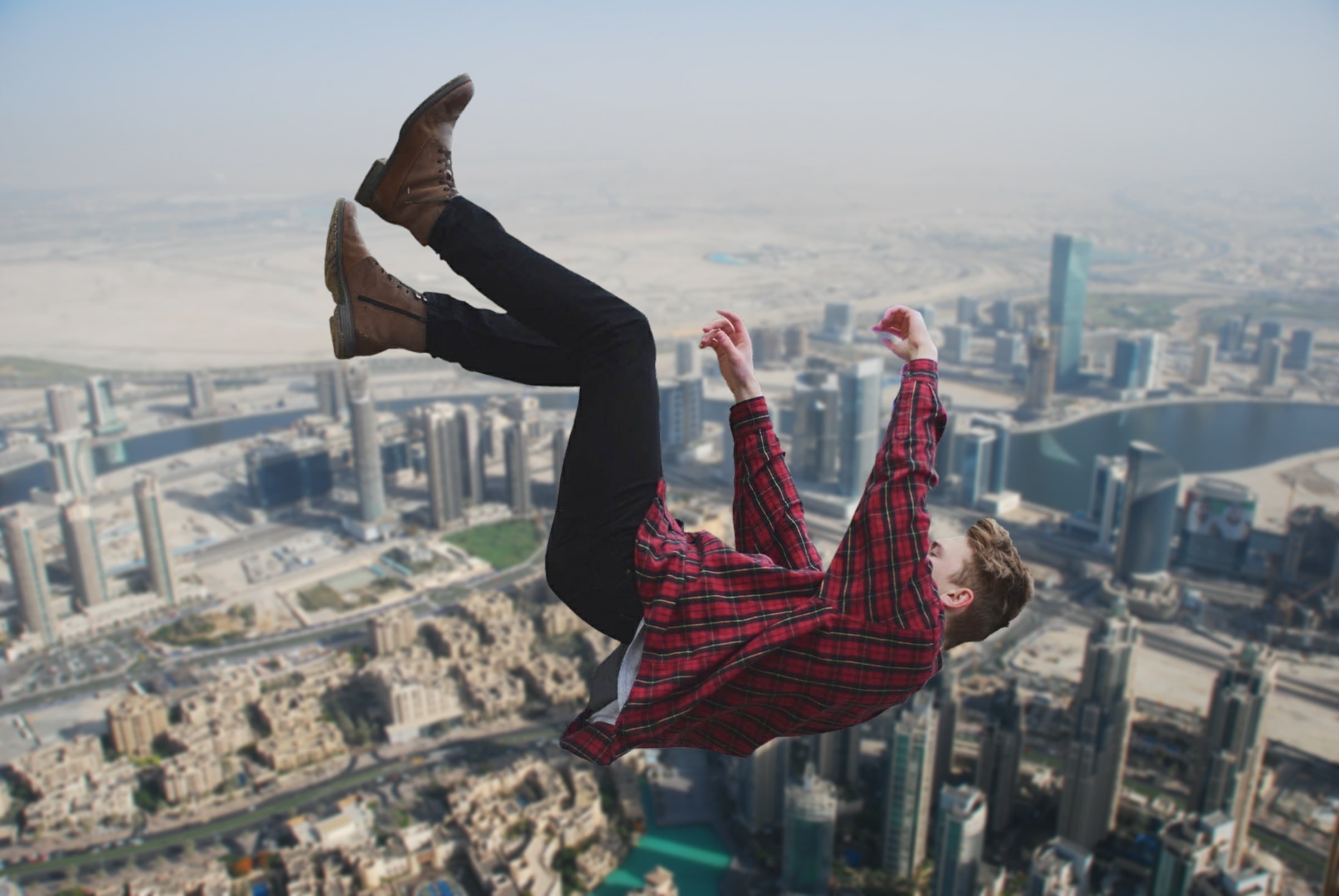full length, falling, fall from the clouds, adults only, focus on foreground, city, building exterior, arms raised, symbolic, cityscape, outdoors, office building exterior, HD Wallpaper