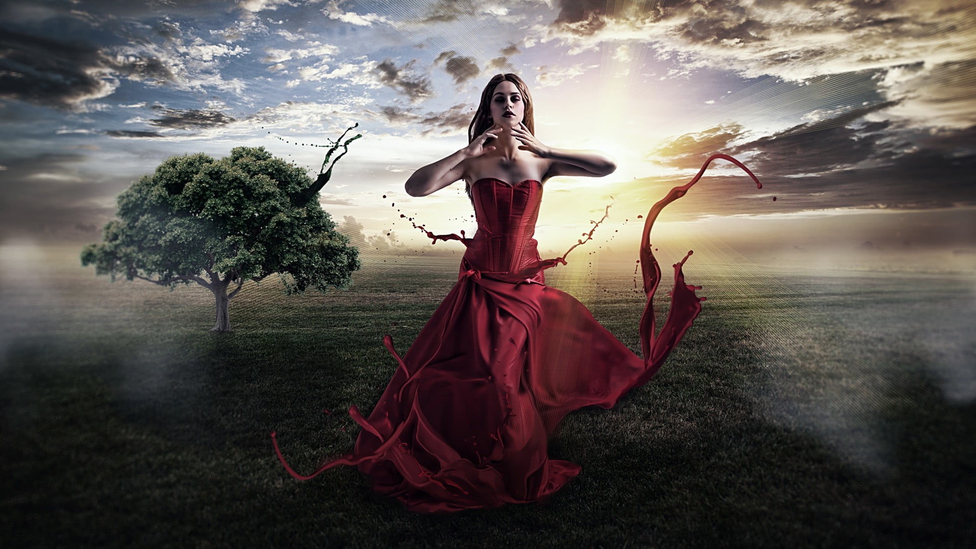 beauty, one person, plant, outdoors, s, clothing, fantasy girl, red, red dress, religion, adult, digital composite, digital art, sunlight, fashion, gown, HD Wallpaper
