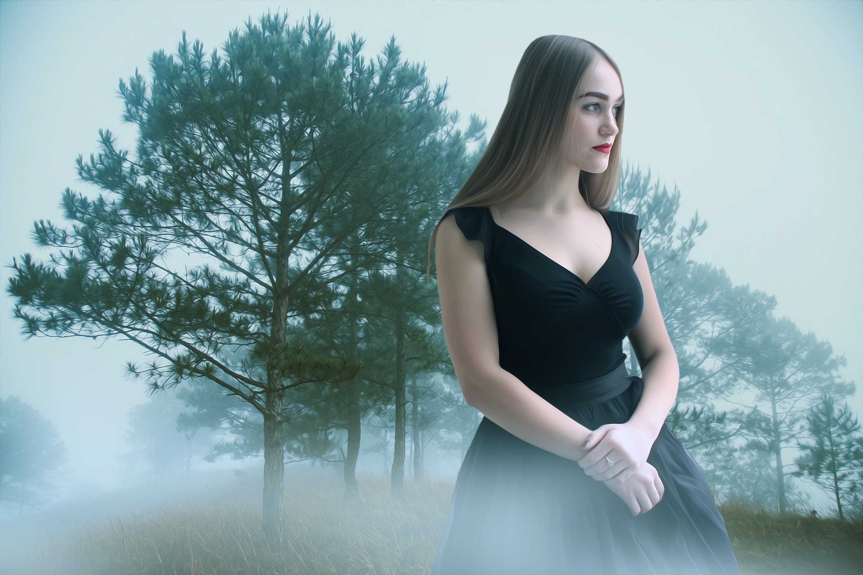 young Adult, dark, beauty, 2K, gothic model, one Person, three quarter length, long hair, neckline, lady, romantic, contemplation, standing, young women, HD Wallpaper