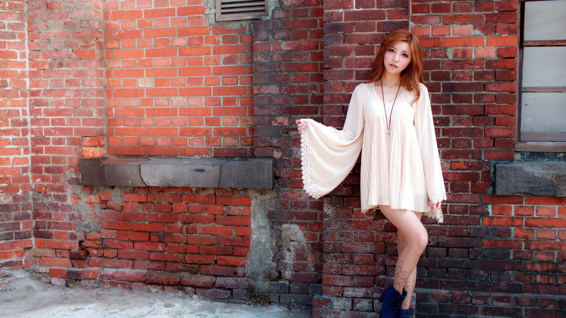 Asian, bricks, full length, females, caucasian Ethnicity, looking at camera, model, beauty, long hair, white, dress, blouse, outdoors, day, red, adult, HD Wallpaper