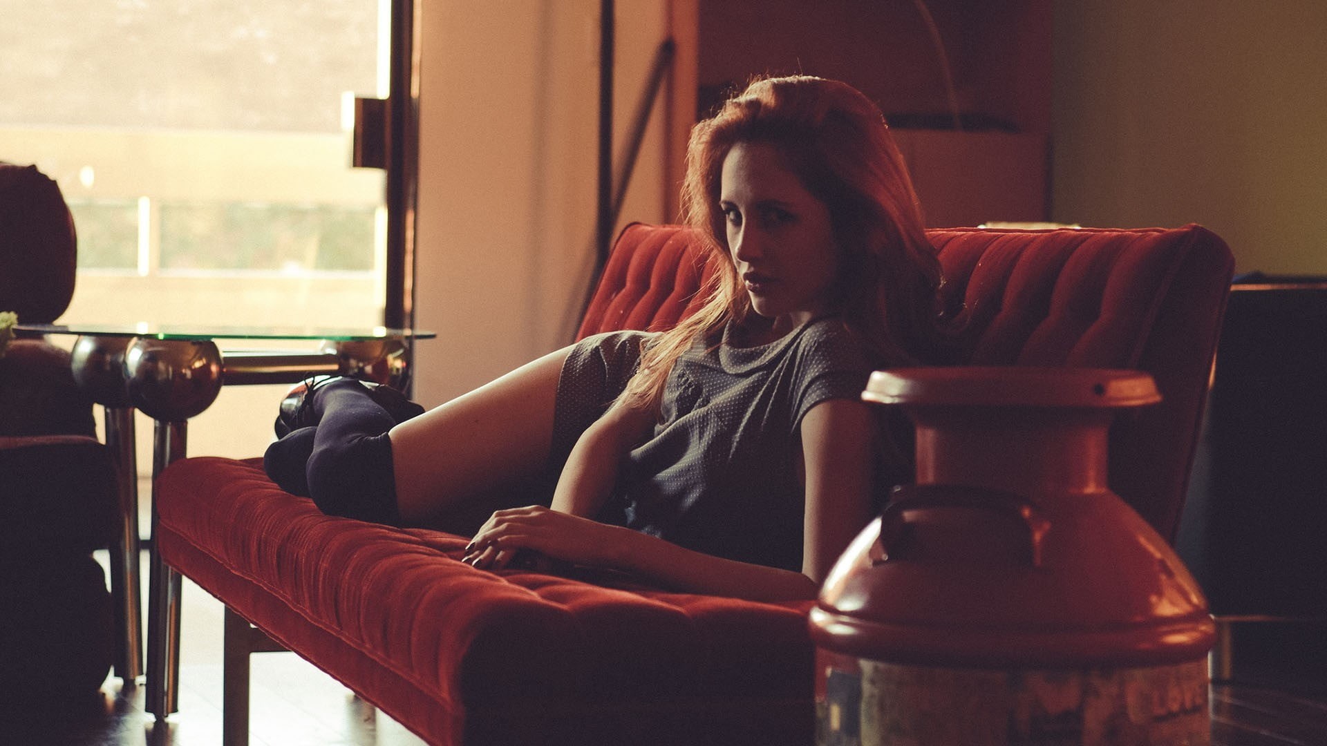 knee-highs, lifestyles, model, sitting, indoors, window, adult, blouse, relaxation, crew, looking, drinking, couch, lying down, looking at viewer, beautiful woman, HD Wallpaper