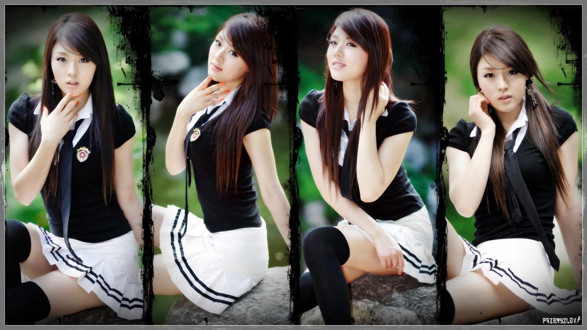 hair, tie, women, hwang, art, uniforms, long, brunettes, hd, hee, korean, mi, 1080P, sitting, people, asians, schoolgirls, school, skirts, HD Wallpaper