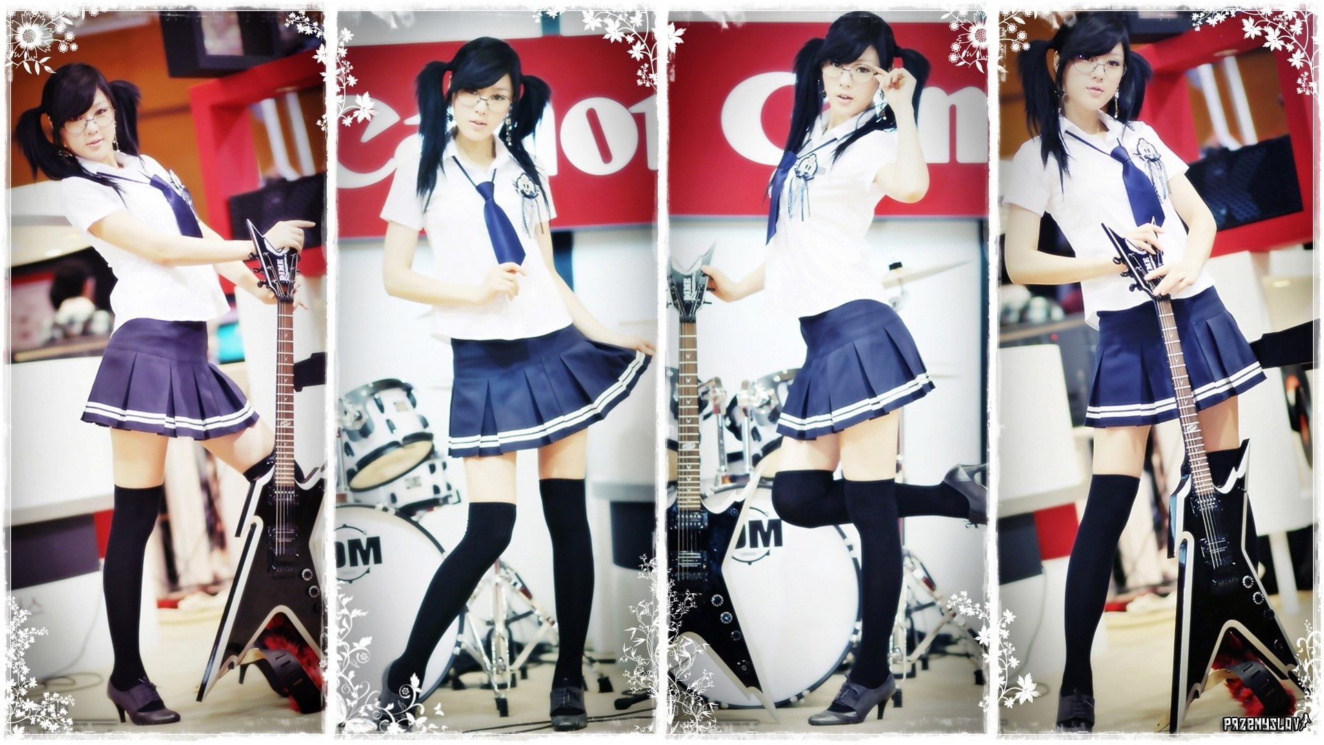 schoolgirls, pigtails, uniforms, glasses, school, hd, women, mi, hwang, brunettes, w, people, hee, 1080P, tie, x, guitars, art, HD Wallpaper