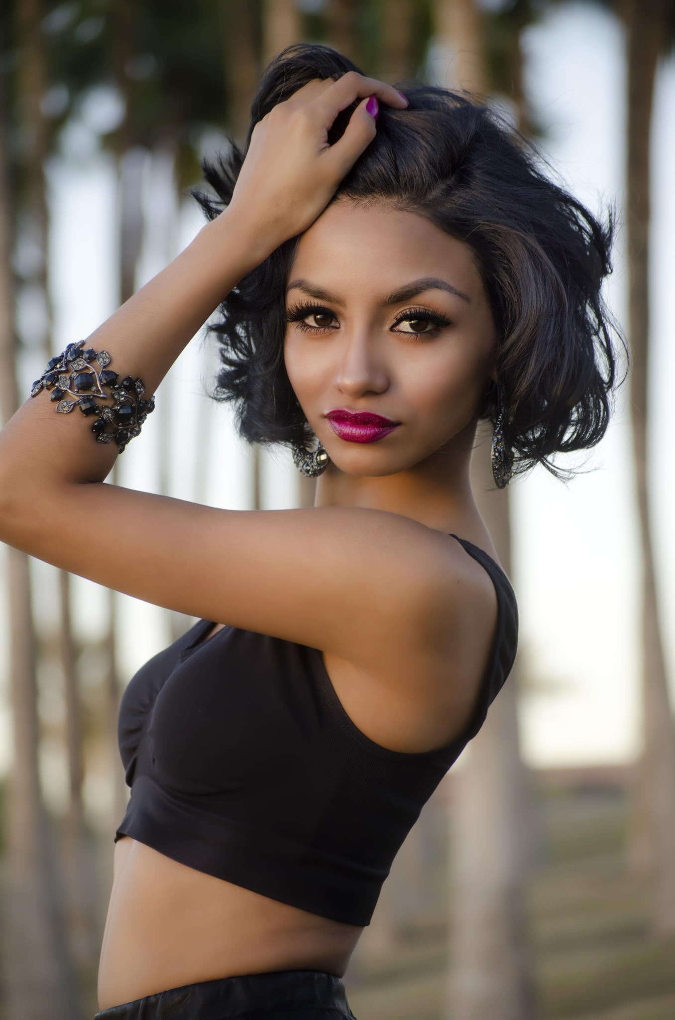 hairstyle, looking at camera, outdoors, beautiful woman, adult, women outdoors, focus on foreground, arms up, human limb, tank top, portrait, 1080P, human arm, Phone HD Wallpaper