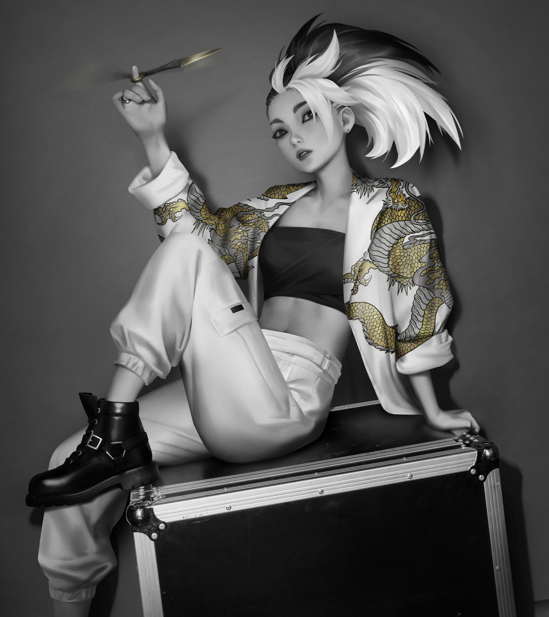 women, ArtStation, simple background, digital art, sitting, belly, looking at viewer, fan art, open mouth, bare midriff, open jacket, 1080P, artwork, Julian Futanto, Phone HD Wallpaper