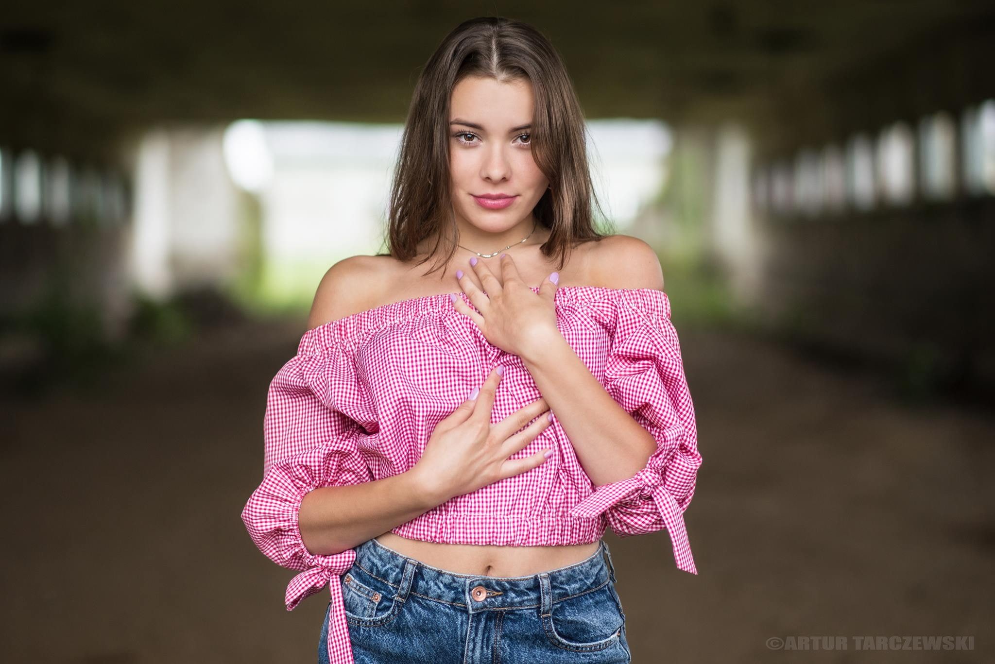 pink color, hands on chest, pink shirt, smiling, depth of field, looking at camera, pink nails, hair, women outdoors, real people, brunette, model, contemplation, HD Wallpaper