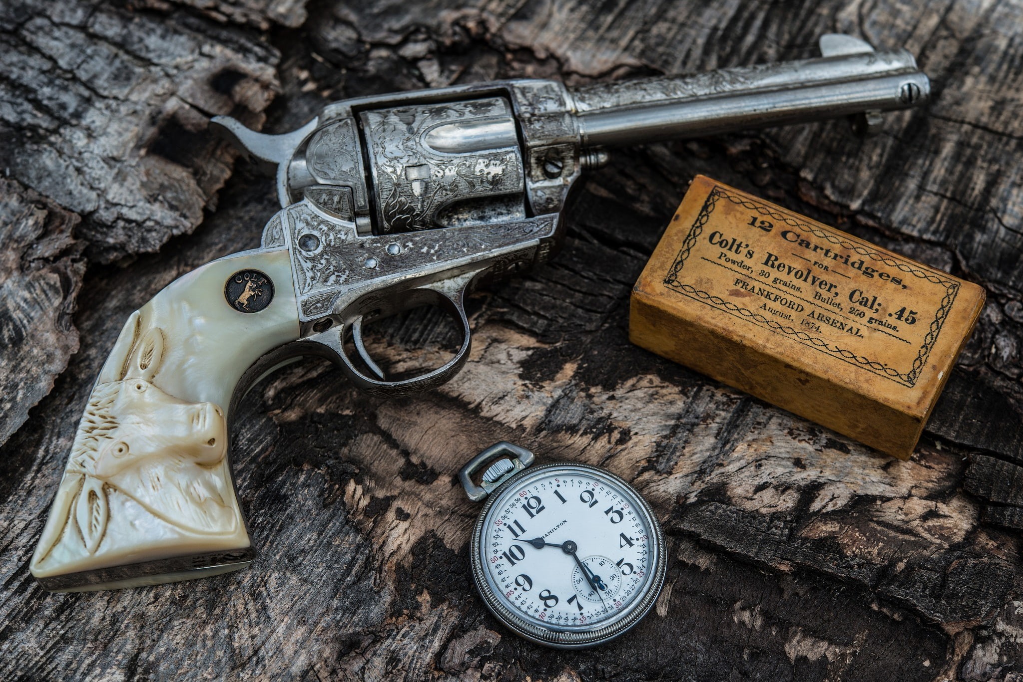 HDR, .45 Colt, no people, indoors, time, aggression, revolver, obsolete, ammunition, retro styled, gun, antique, weapon, wood - material, clock, table, HD Wallpaper