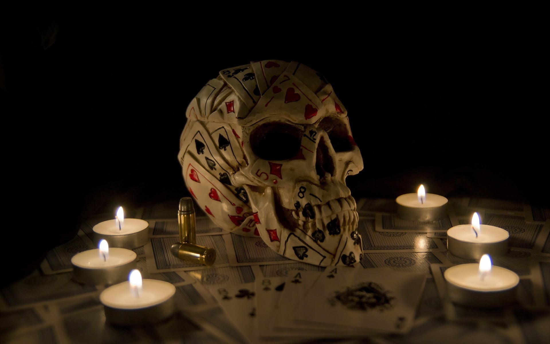 skull, candles, close-up, night, assorted, darkroom, artwork, playing cards, ammunition, glowing, tea light, decor, burning, candle, no people, 1080P, HD Wallpaper