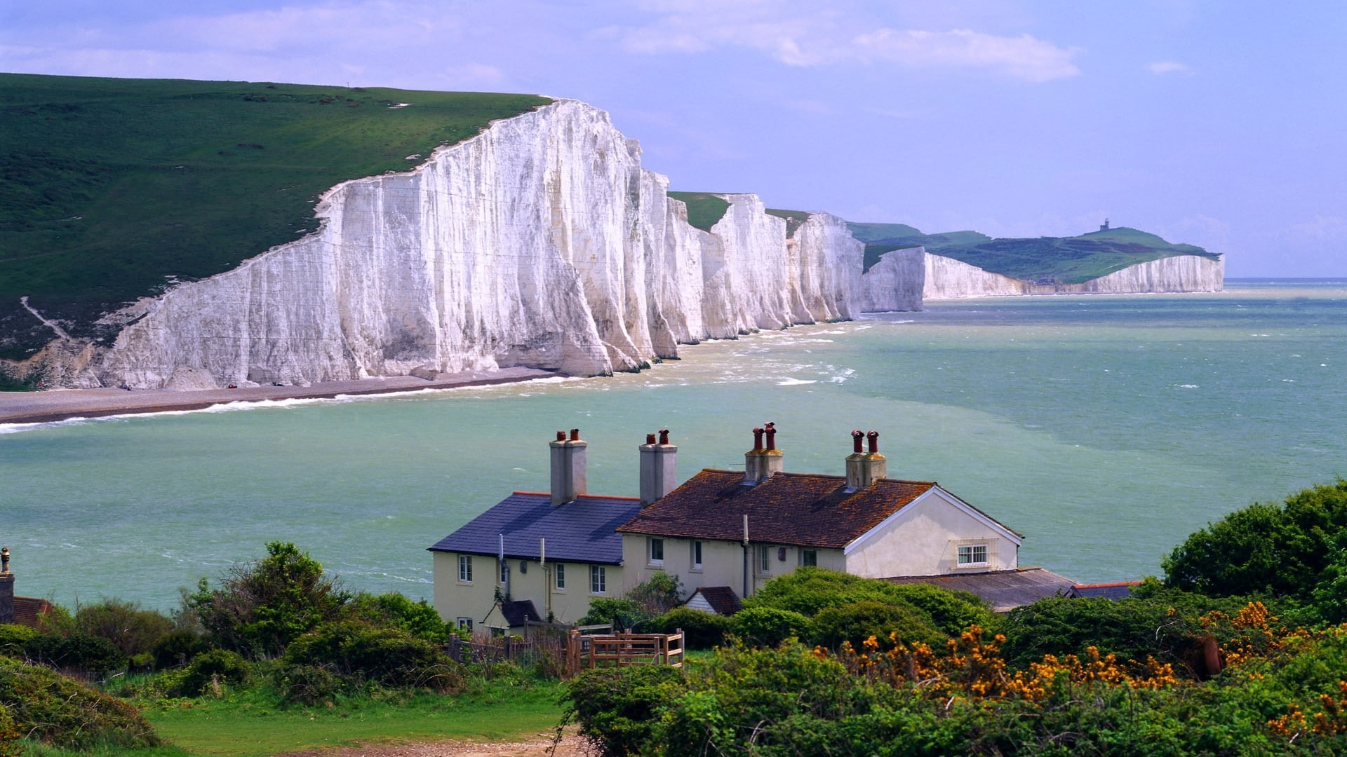 land, coast, nature, England, beach, scenics - nature, 1080P, cliff, water, day, mountain, building exterior, Seven Sisters, landscape, building, tree, HD Wallpaper