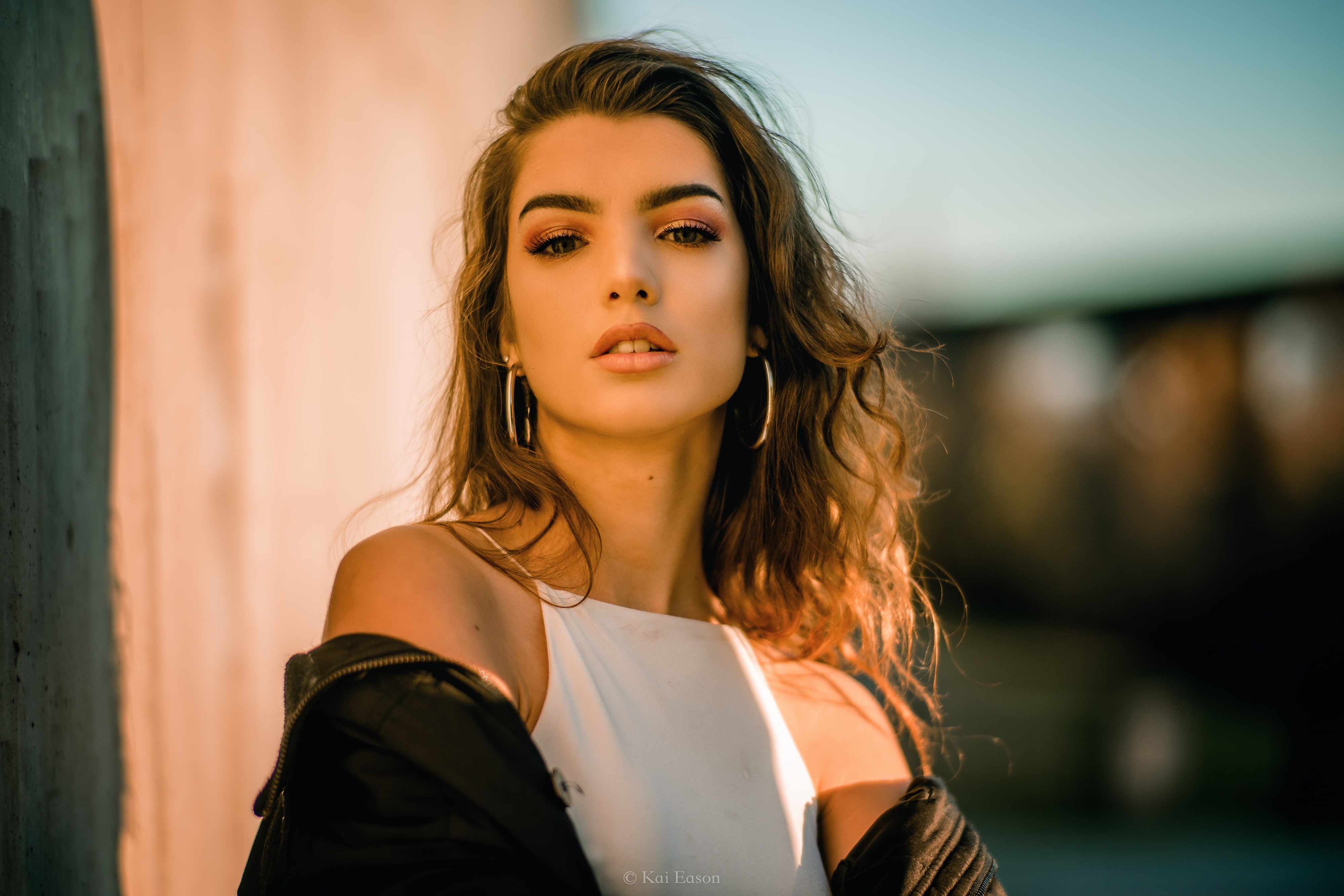 brown eyes, white tops, adult, hairstyle, portrait, hair, long hair, looking at viewer, young adult, women, Kai Eason, fashion, curly hair, beautiful woman, HD Wallpaper