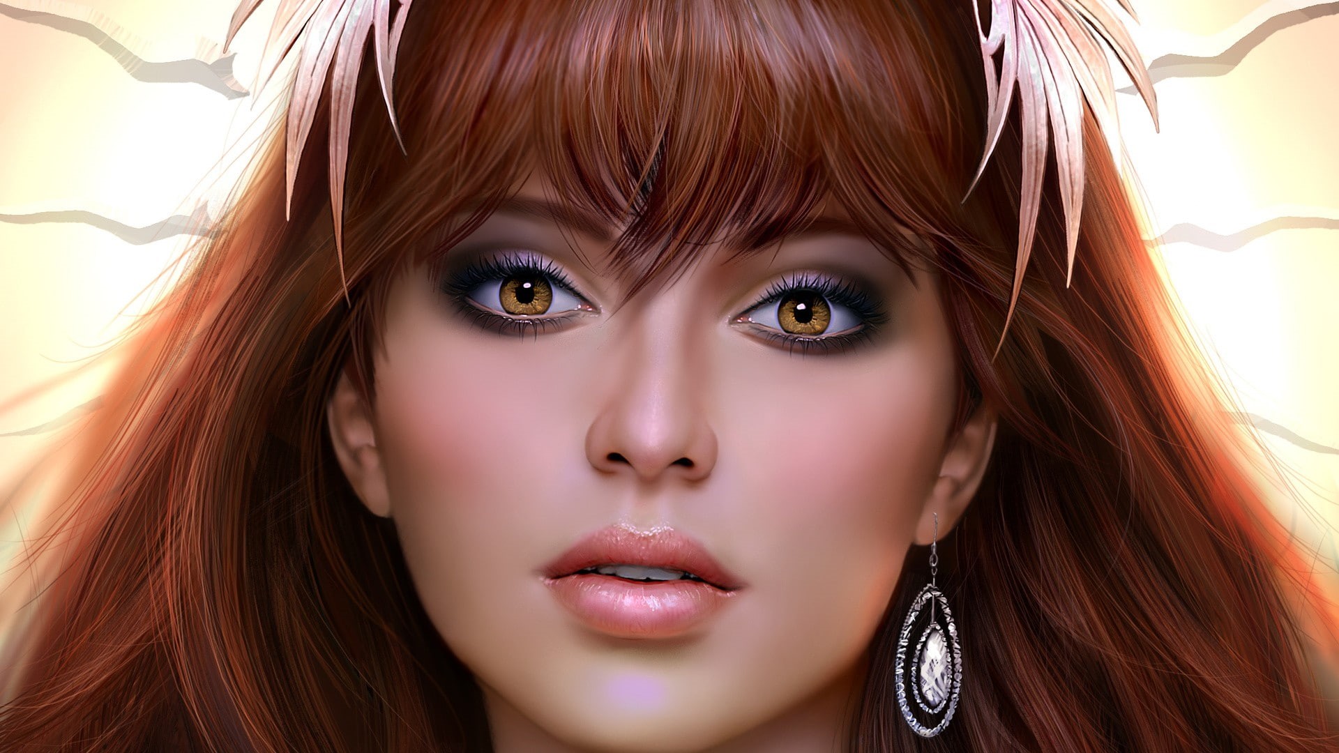 front view, leaves, 1080P, fantasy girl, adult, beauty, one person, redhead, beautiful woman, body part, hair, face, long hair, hoop earrings, close-up, HD Wallpaper