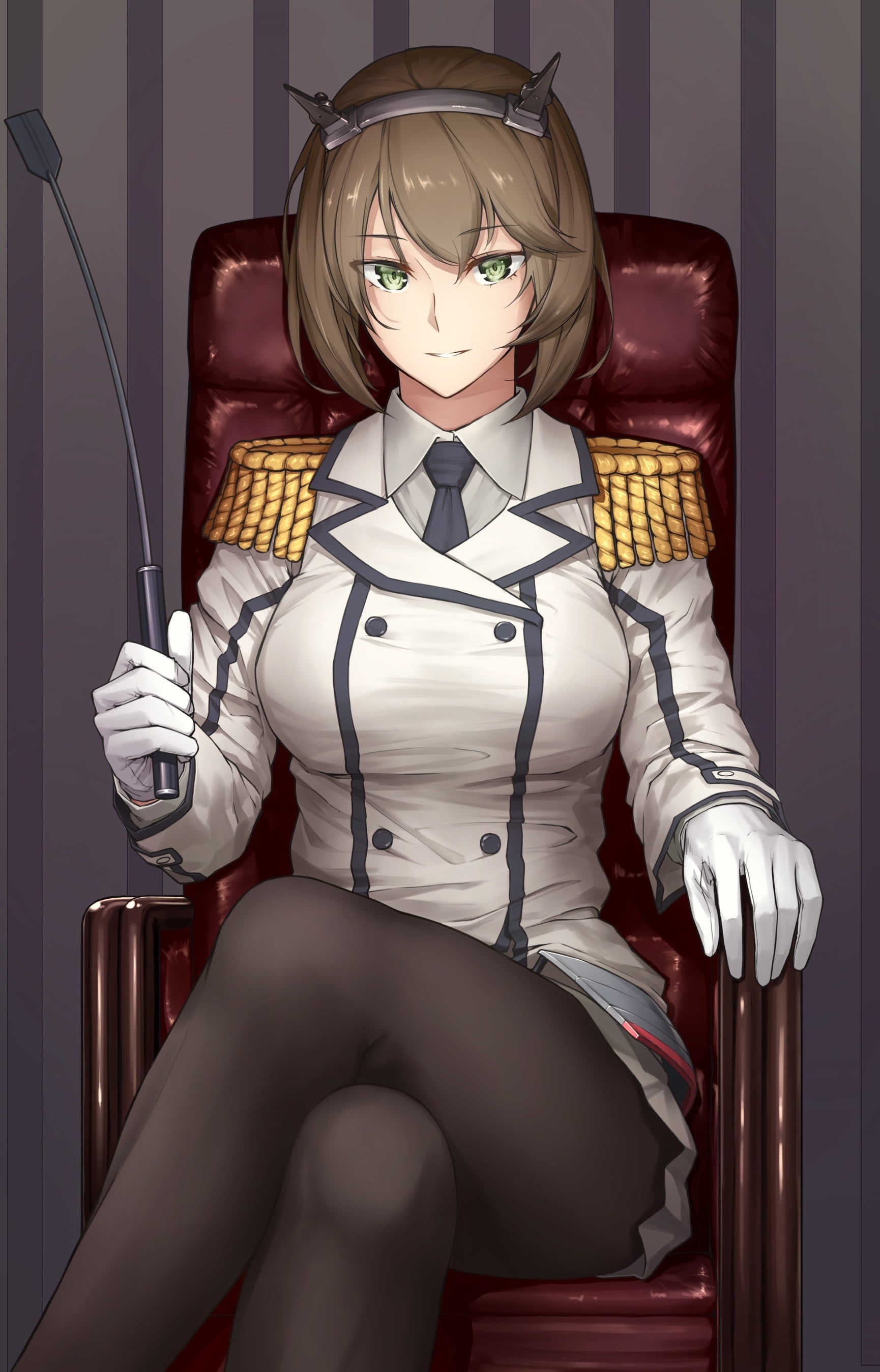 emotional stress, green eyes, baton, short hair, human bone, Kantai Collection, Mutsu (KanColle), digital, skeleton, depression - sadness, indoors, uniform, Phone HD Wallpaper