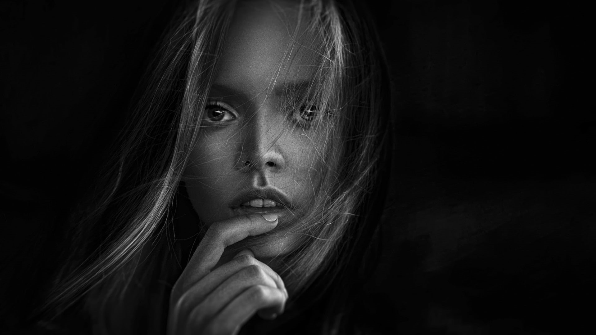 worried, monochrome, sadness, face, finger on lips, indoors, emotion, long hair, human face, fear, 1080P, women, looking, human body part, windy, blonde, HD Wallpaper