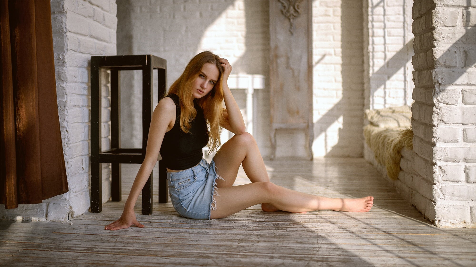 sitting, architectural column, denim skirt, on the floor, hair, young women, beautiful woman, long hair, beauty, portrait, miniskirt, 1080P, relaxation, HD Wallpaper