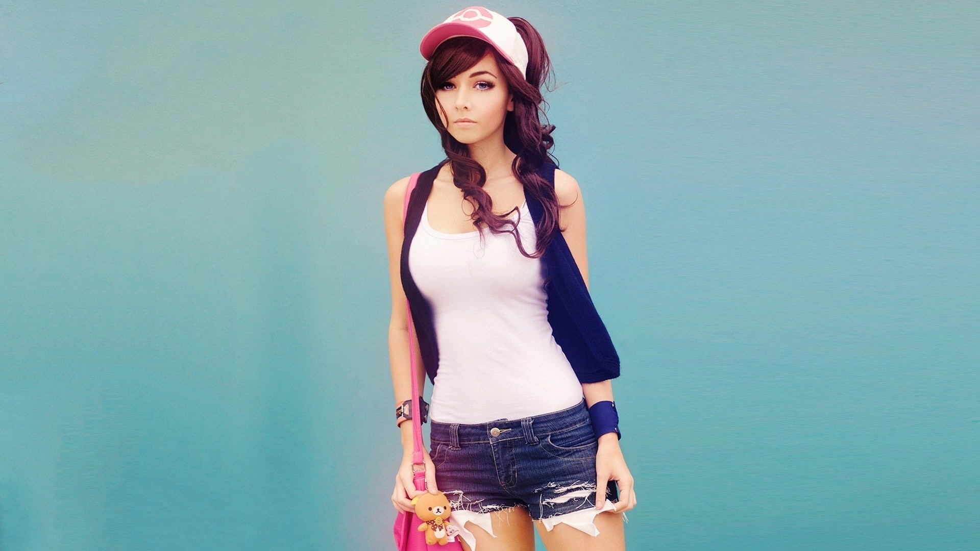 auburn hair, Amy Thunderbolt, jean shorts, 1080P, long hair, wavy hair, model, Pokémon, women, redhead, cosplay, HD Wallpaper