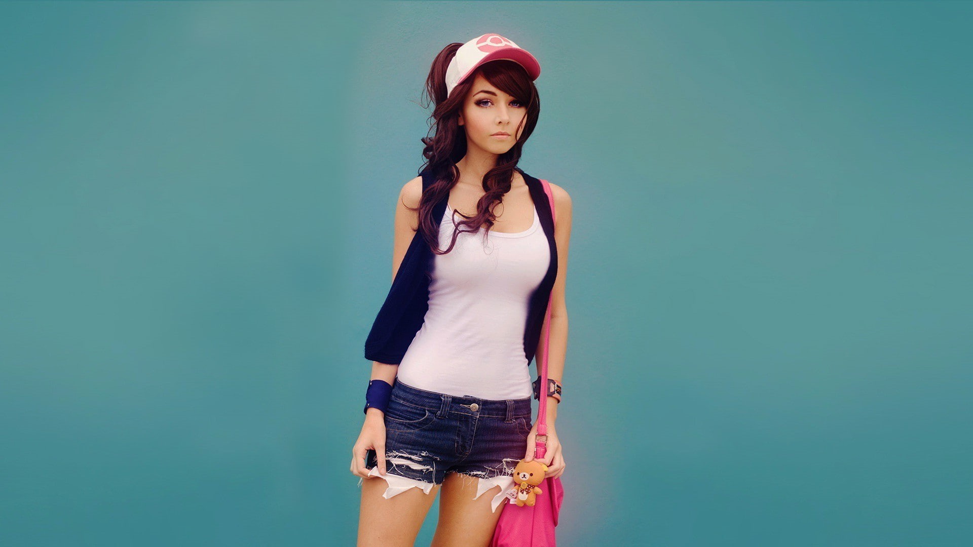 hairstyle, three quarter length, young adult, fashion, women, hair, beautiful people, shorts, anime, standing, Pokémon Trainers, 1080P, studio shot, Simple Background, HD Wallpaper