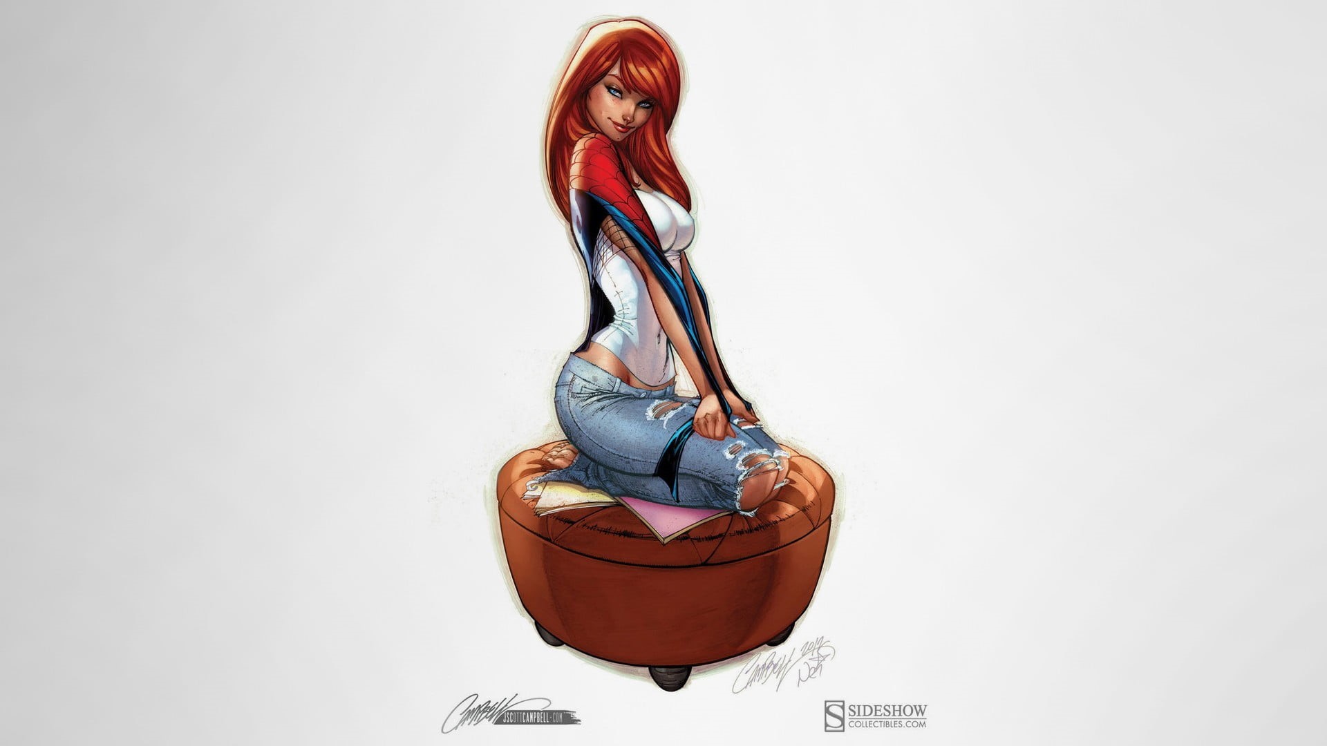 young adult, 1080P, young women, full length, indoors, anime, character, portrait, orange, Marvel Comics, J. Scott Campbell, red, studio shot, Spider-Man, HD Wallpaper