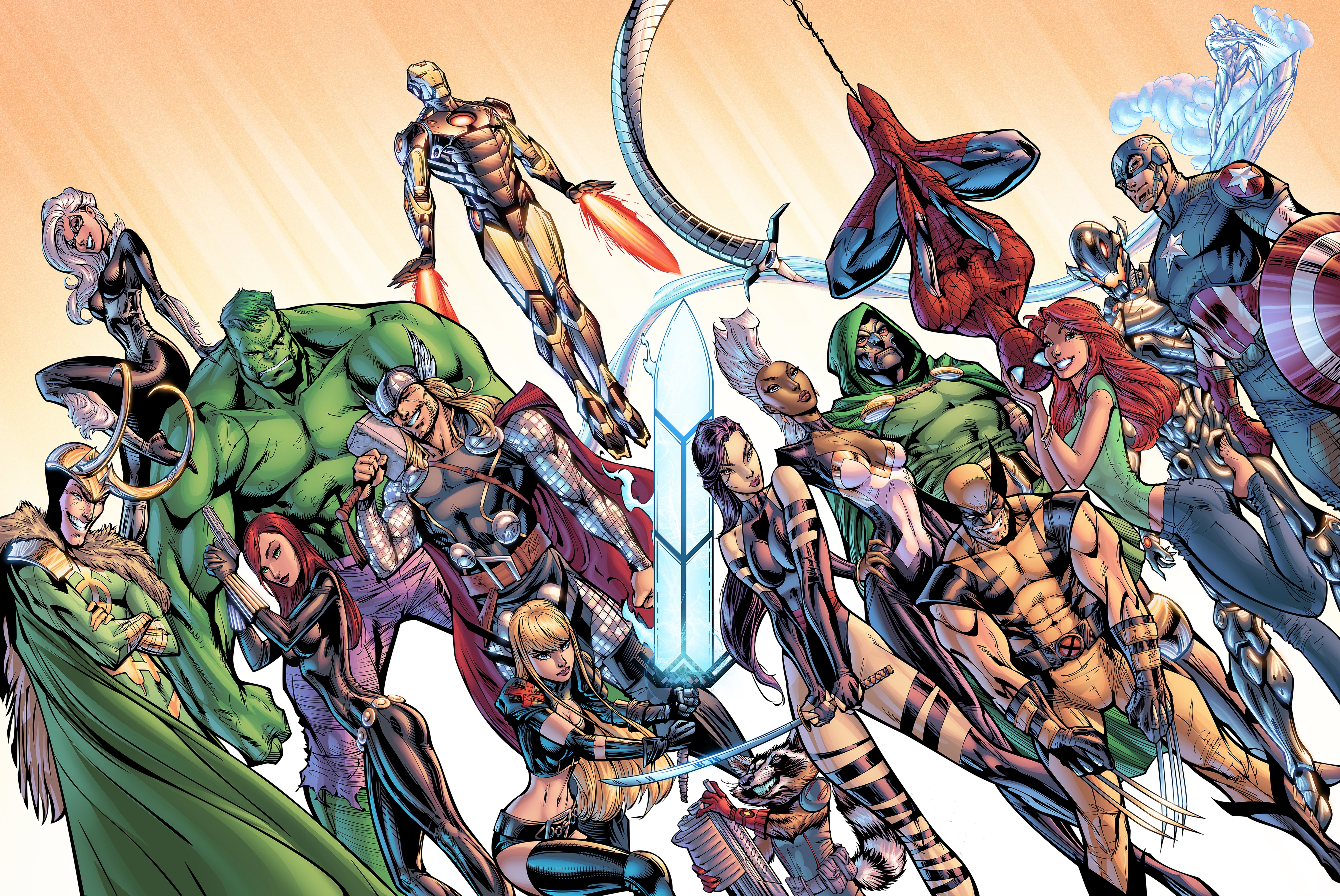 Avengers, mary jane, psylocke, loki, male likeness, low angle view, God, human representation, Black Widow, thor, hulk, iceman, characters, captain america, HD Wallpaper