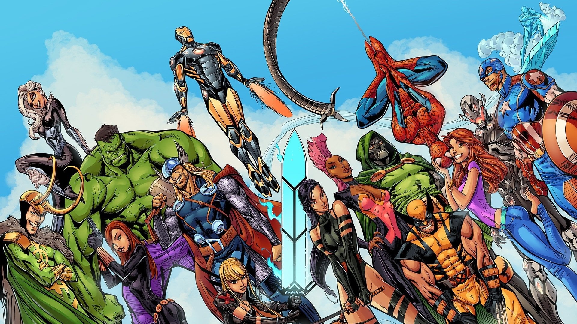 statue, day, female likeness, Wolverine, sculpture, low angle view, Mary Jane Watson, human representation, creativity, Spider-Man, Captain America, no people, HD Wallpaper