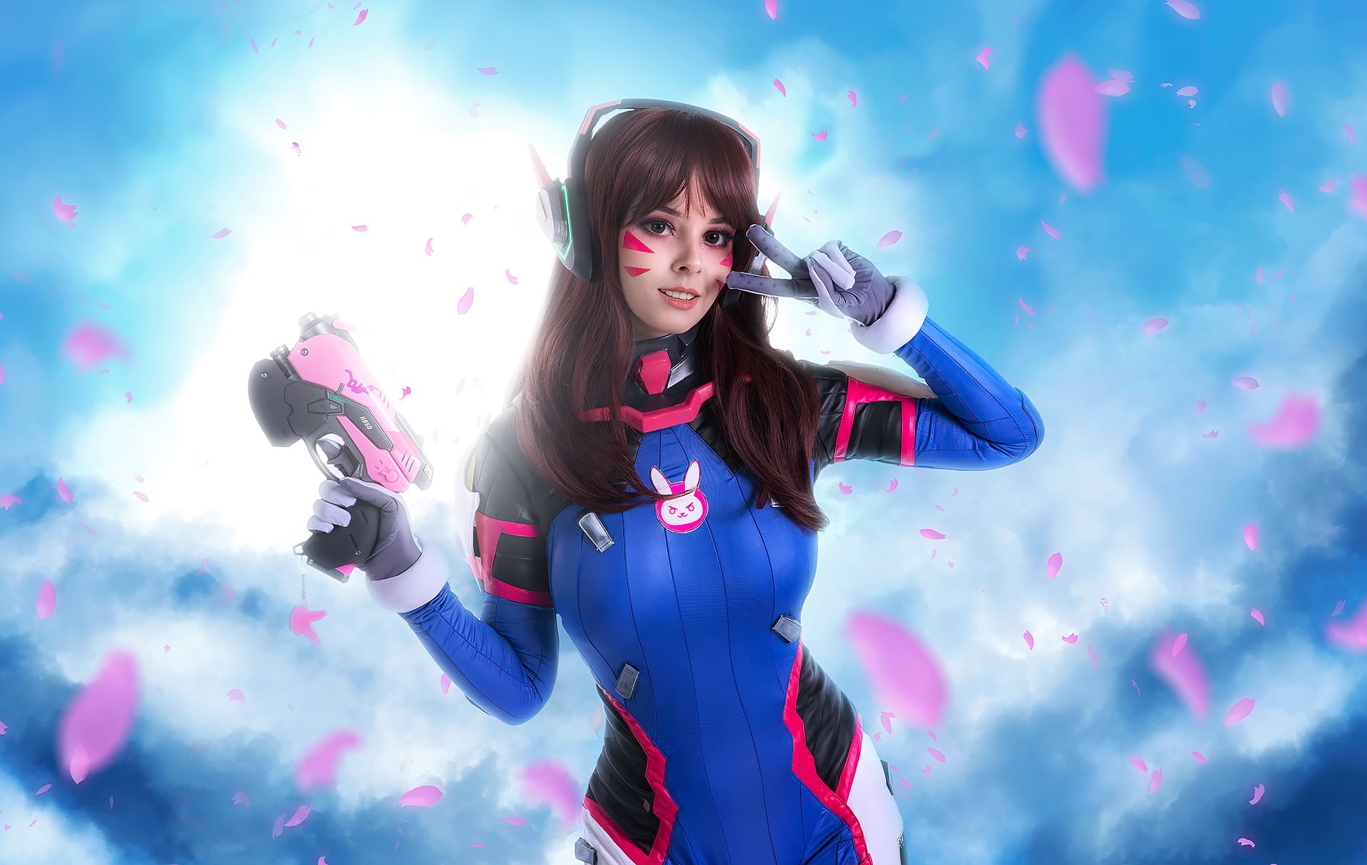 digital composite, standing, three quarter length, hairstyle, cosplay, happiness, waist up, young women, looking at camera, D.Va (Overwatch), portrait, HD Wallpaper