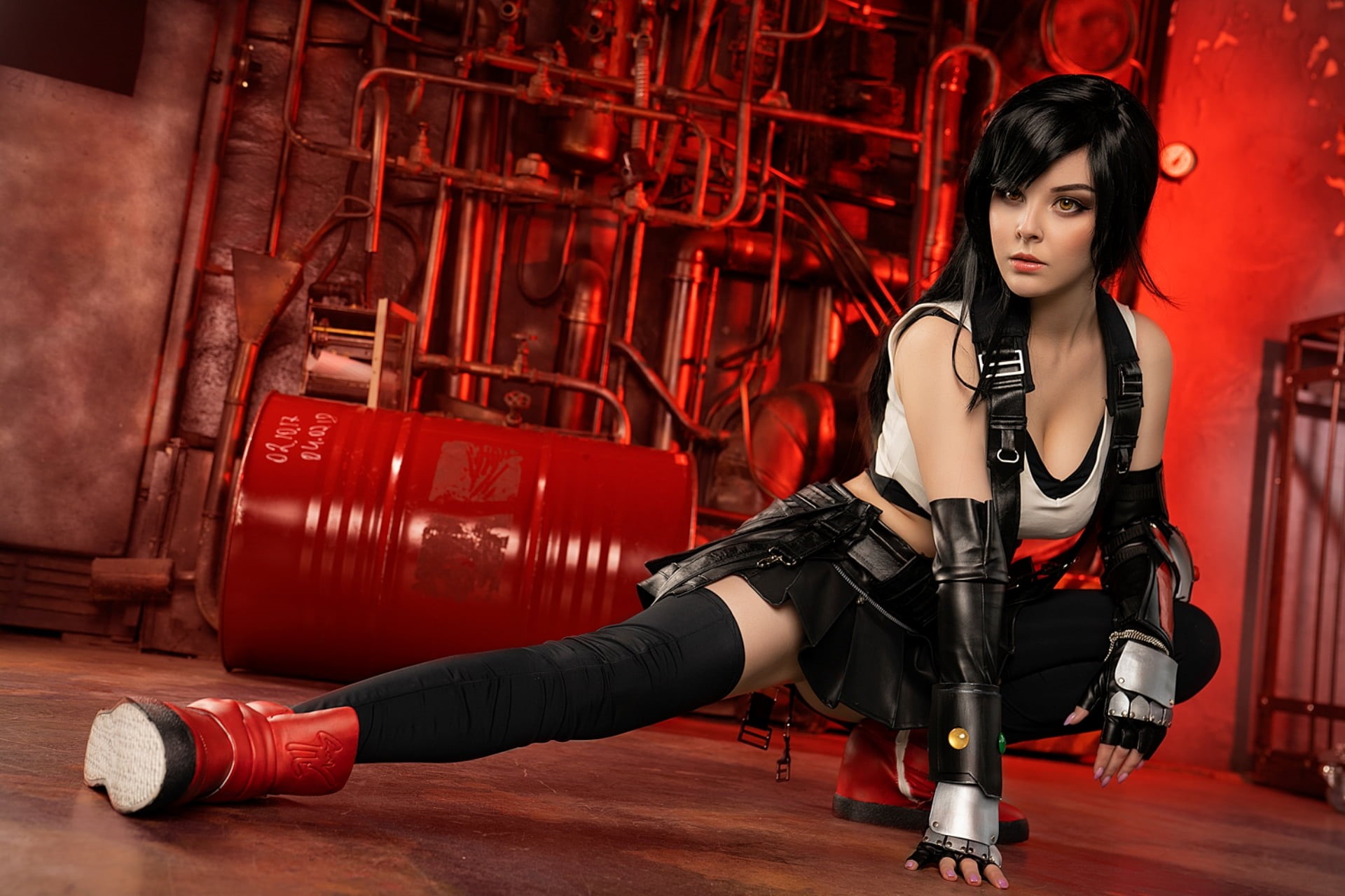 Final Fantasy, thigh-highs, barrels, Final Fantasy VII, women indoors, women, suspenders, miniskirt, white tops, 1080P, Helly von Valentine, cosplay, video games, HD Wallpaper