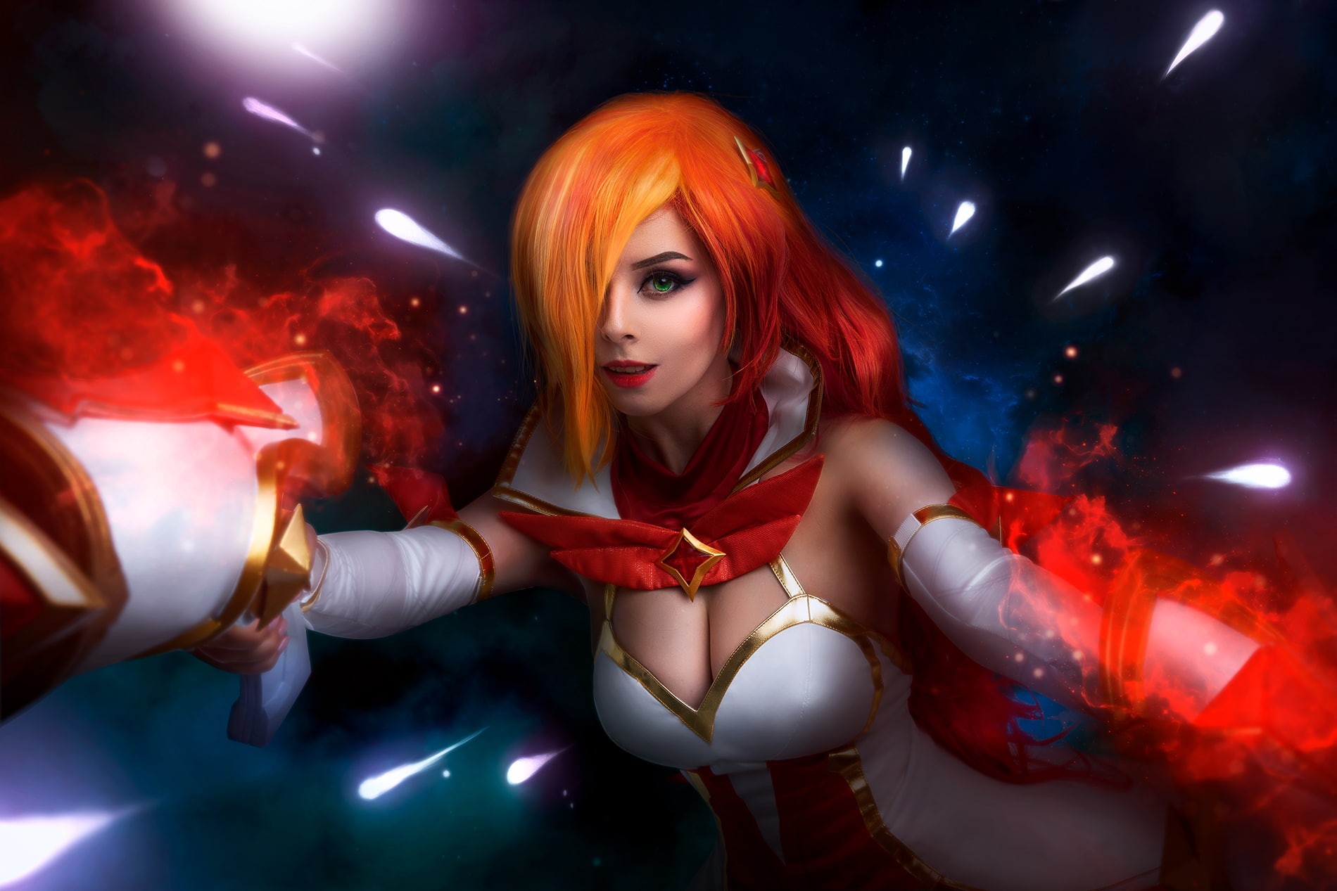 Miss Fortune (League of Legends), model, cosplay, space, League of Legends, Disharmonica, 720P, green eyes, Star Guardian, women, looking at viewer, cleavage, HD Wallpaper