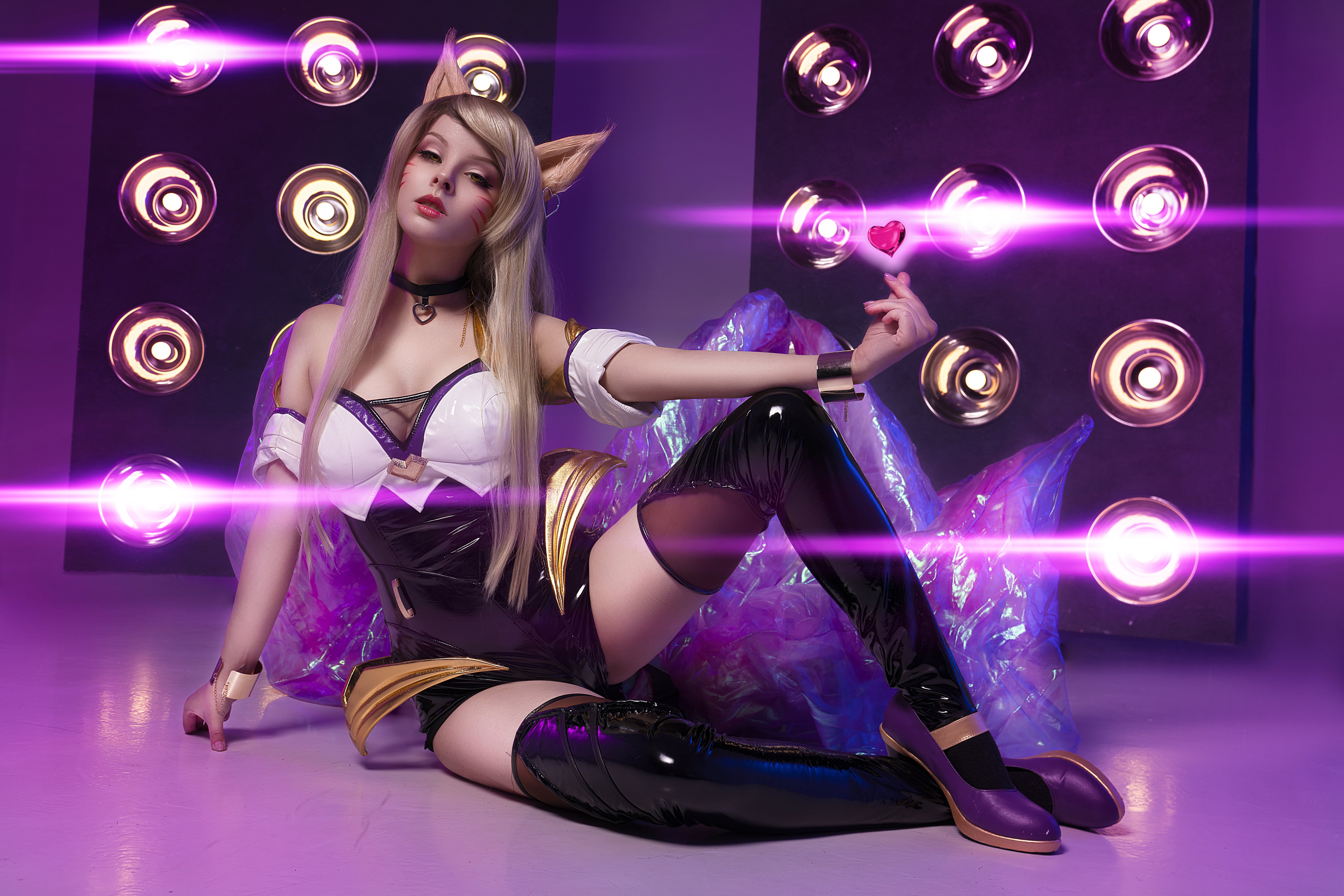 Ahri, women, video games, 5K, indoors, long hair, Disharmonica, Ahri (League of Legends), cosplay, latex, video game characters, women indoors, thigh-highs, HD Wallpaper