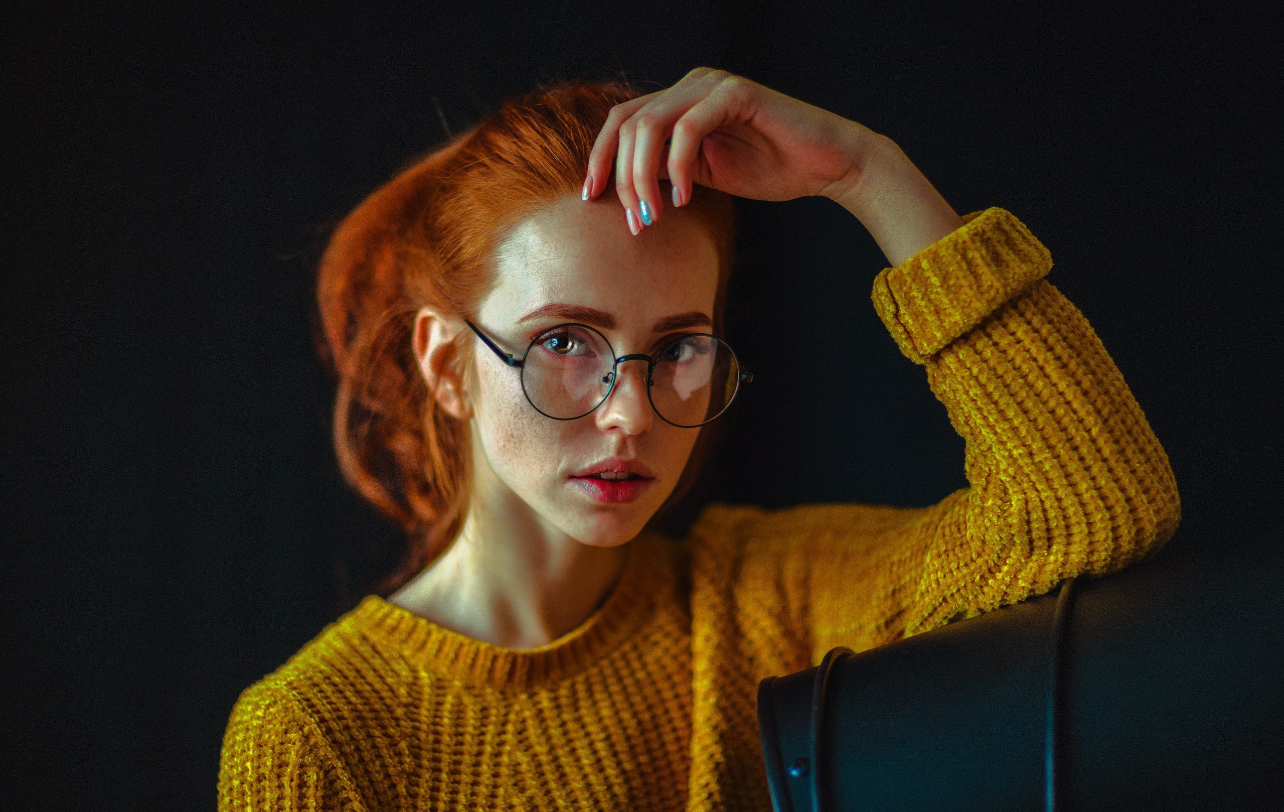 studio shot, indoors, women with glasses, women indoors, headshot, looking at viewer, beautiful woman, dyed red hair, hairstyle, one person, redhead, human arm, HD Wallpaper