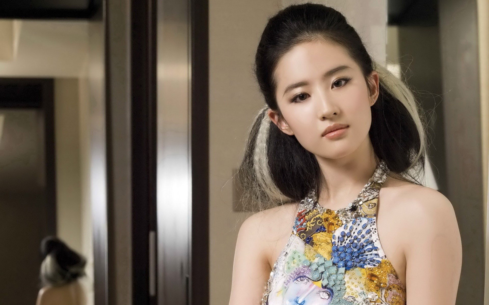s, 1080P, women, top, floral, yellow, halter, Beauty, Yifei, Liu, white, brown, HD Wallpaper