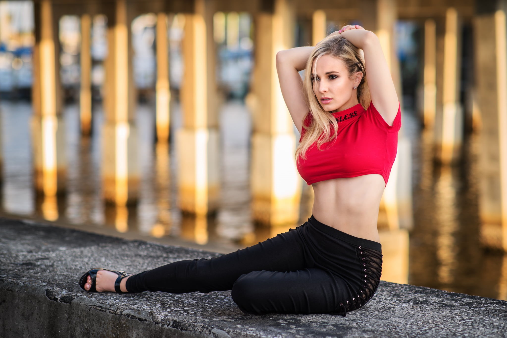full length, beautiful woman, hair in face, young adult, pink nails, depth of field, focus on foreground, adult, real people, pants, sports clothing, armpits, HD Wallpaper