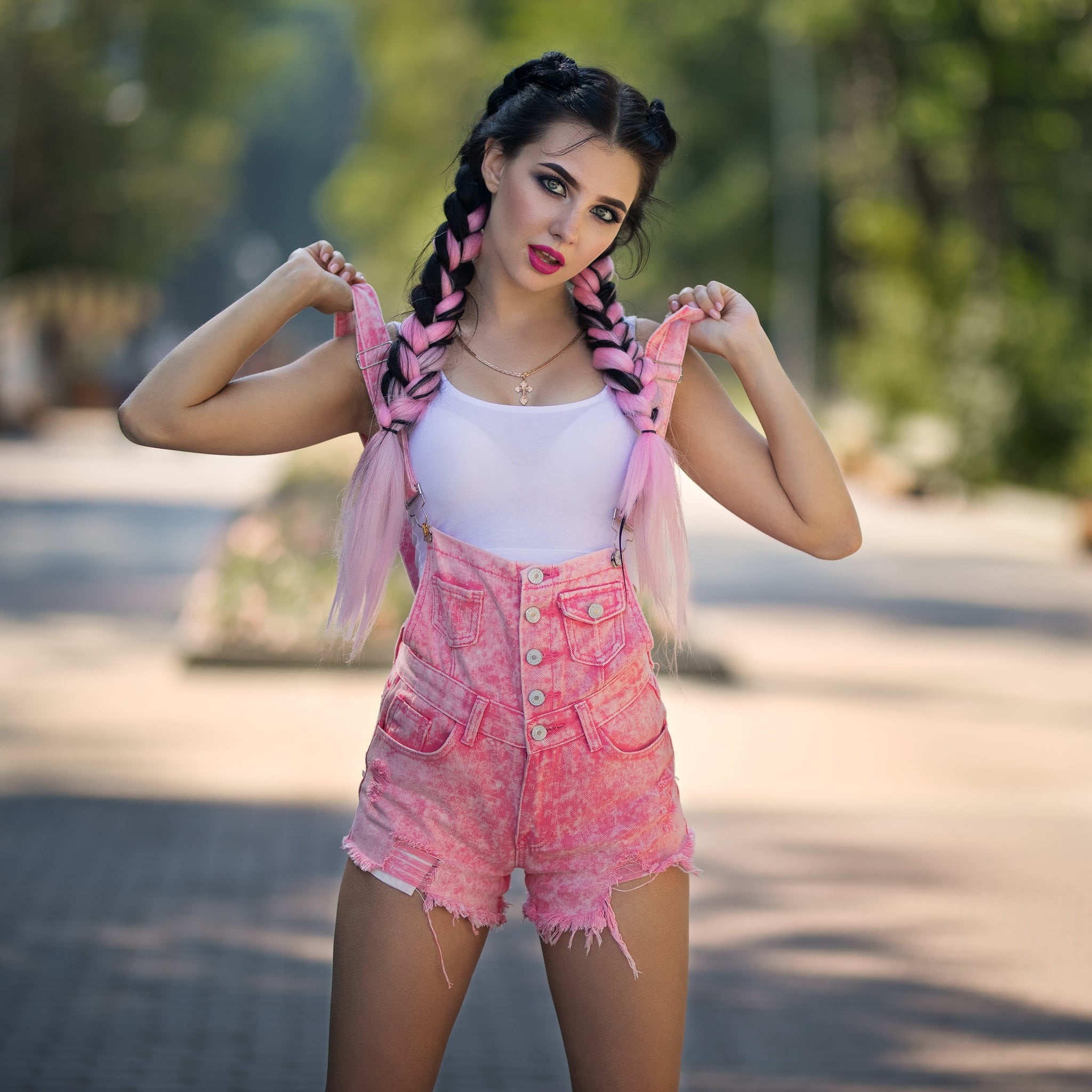 model, Kristina Romanova, white tops, pink clothing, high waisted, depth of field, painted nails, 1080P, overalls, necklace, braids, pink lipstick, open mouth, Phone HD Wallpaper