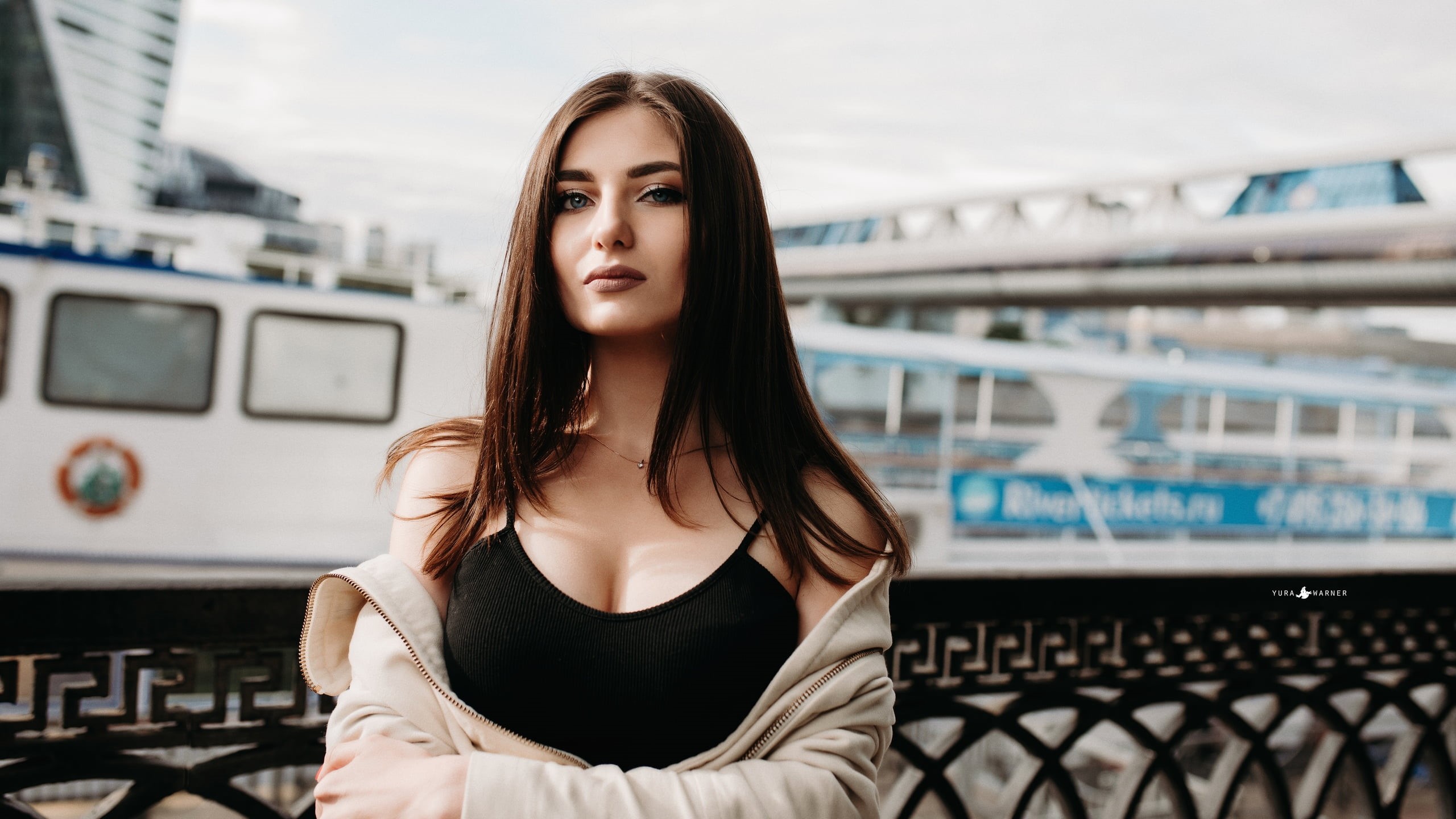 blue eyes, long hair, looking at viewer, brunette, Yura Warner, jacket, bare shoulders, portrait, black tops, Julia, women, 2K, face, arms crossed, straight hair, HD Wallpaper