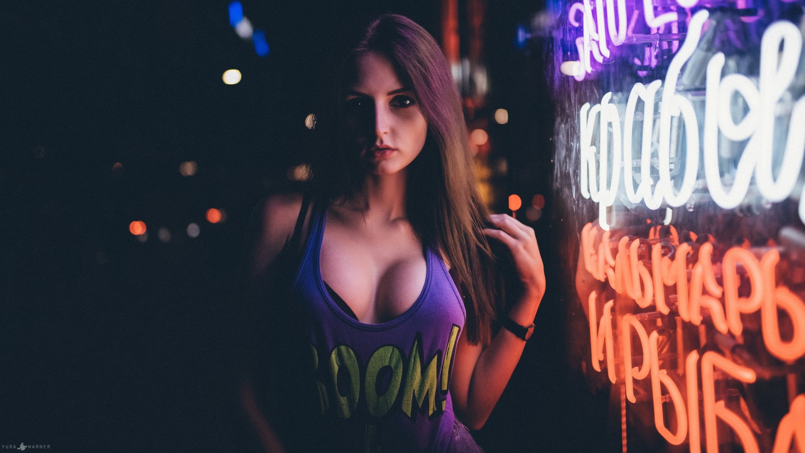 girl, showcase, Mike, Yura Warner, 2K, chest, portrait, face, look, neon, HD Wallpaper