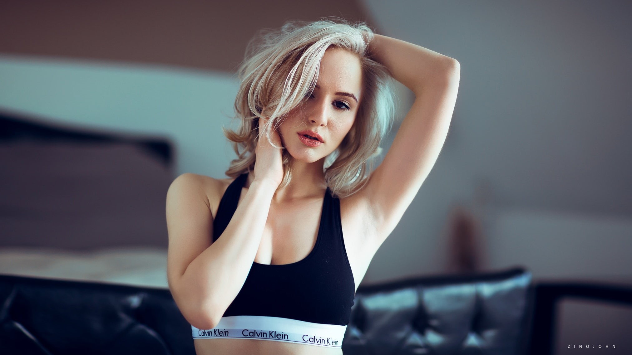 adult, young women, looking, blond hair, women, fashion model, beautiful people, beautiful woman, armpits, clothing, one person, Black top, face, indoors, HD Wallpaper